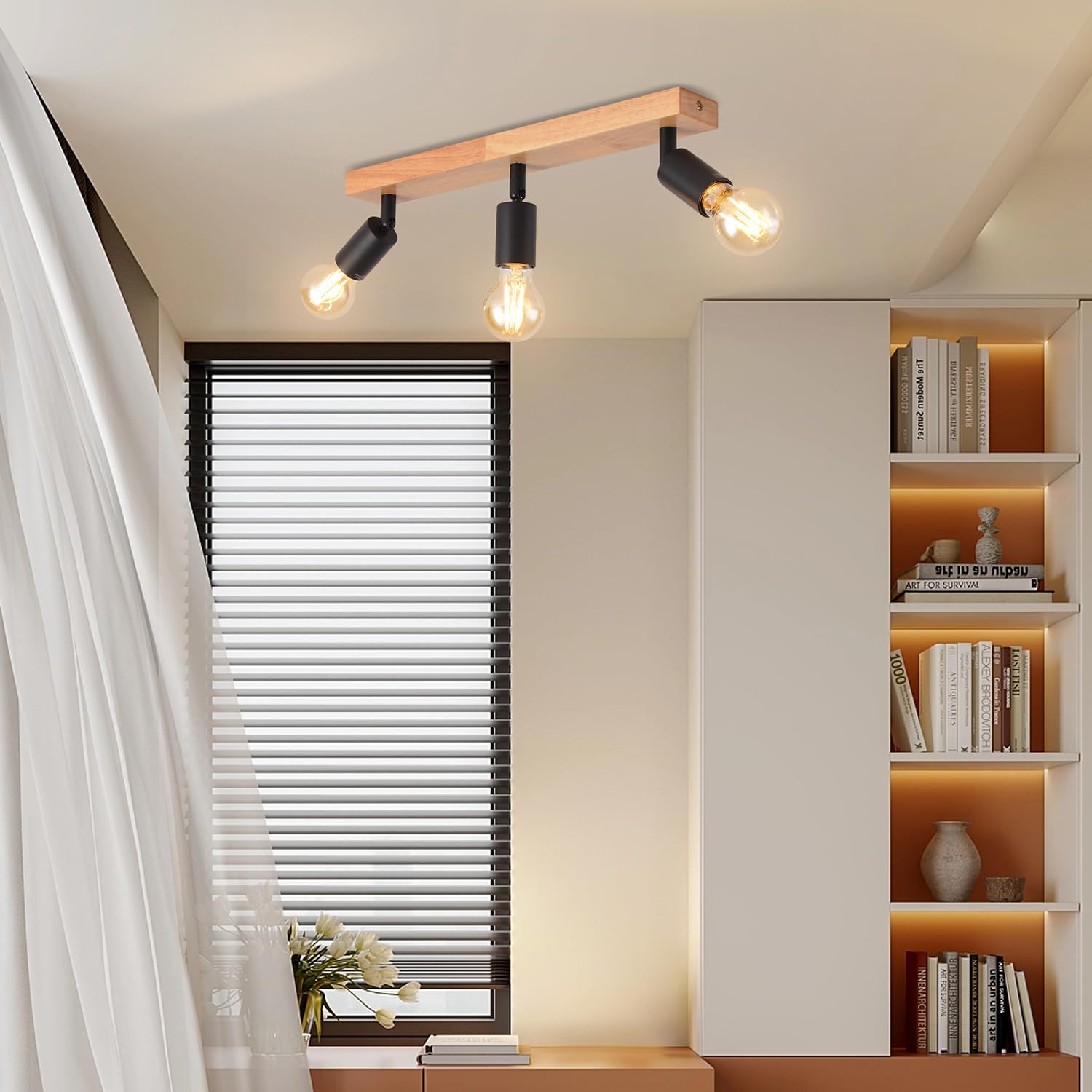 LVWIT Plafonnier 3 Spots LED E27, Luminaires Intérieur Noir, Plafonnier Bois avec Base Rectangulaire, Applique Murale Chambre, Lustre salle à Manger(Sans Ampoules)
