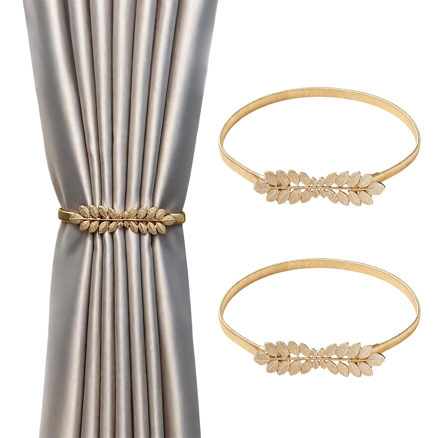 2 Pack Gold Curtain Tie Backs, Minimalist Metal Curtain Holdbacks for Home Office Bedroom Window Drapes, Decorative Curtains Ties and Tie Backs Hooks for Elegant Room Décor(Golden Wheat Ears) — image 1