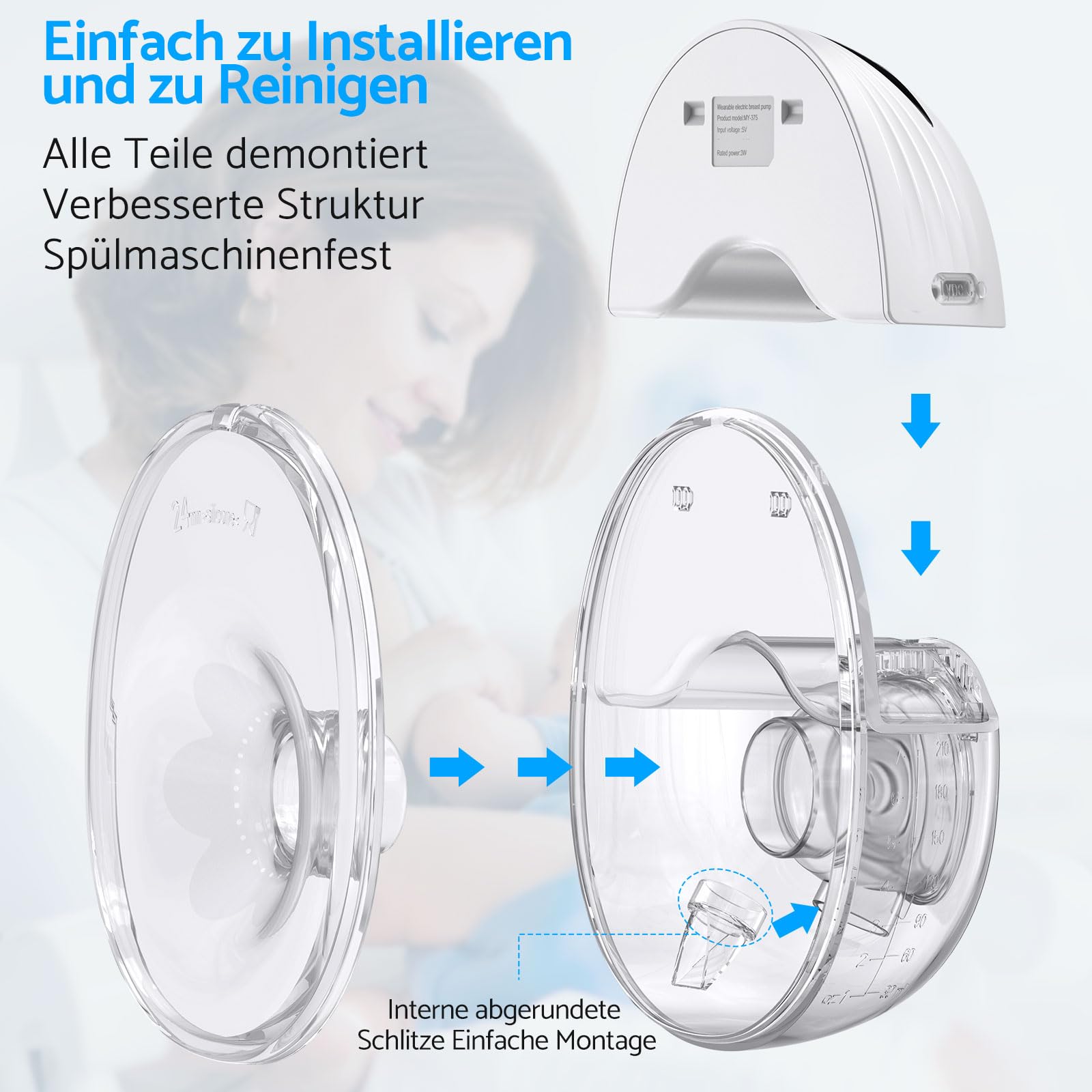 eSynic Freihändige Brustpumpe – Tragbare, Wiederaufladbare 210ml Milchpumpe mit 4 Modi & 12 Stufen, LED-Display, 24/21/19mm Flanschen, Ultra-Leise, für Mütter zu Hause & unterwegs (2 stk Weiß)