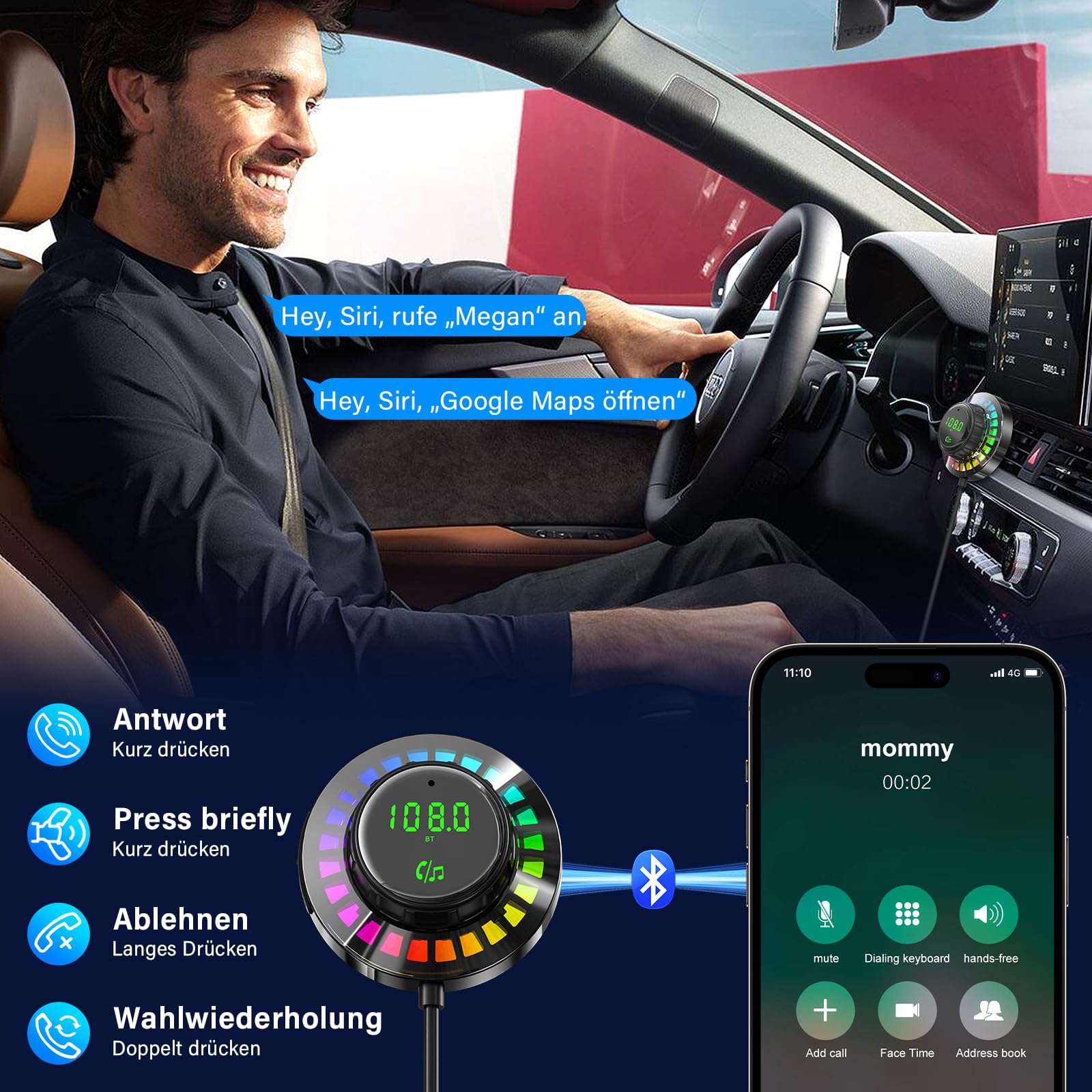 Adattatore Bluetooth Auto FM Transmitter con Luce RGB - Vivavoce Bluetooth 5.3, Caricabatterie PD30W USB-C & QC3.0, Adattatore Bluetooth per Auto per iPhone Android Autoradio OHFAMO