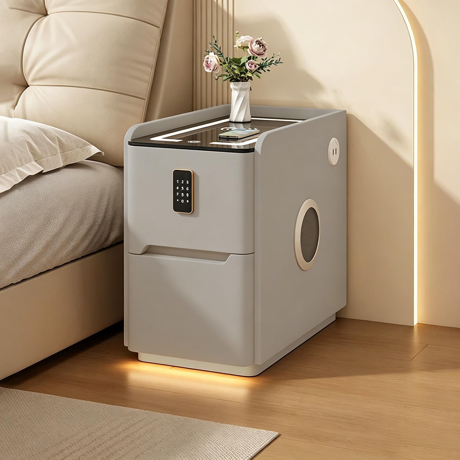 FCHZJCZYT Smart Nightstand, Modern Night Stands, Nightstand with Charging Station W/Combination Lock Induction Light Strip, Fully Assembled for Bedroom Living Room,Gray B,30 * 40 * 50cm/12 * 16 * 20"
