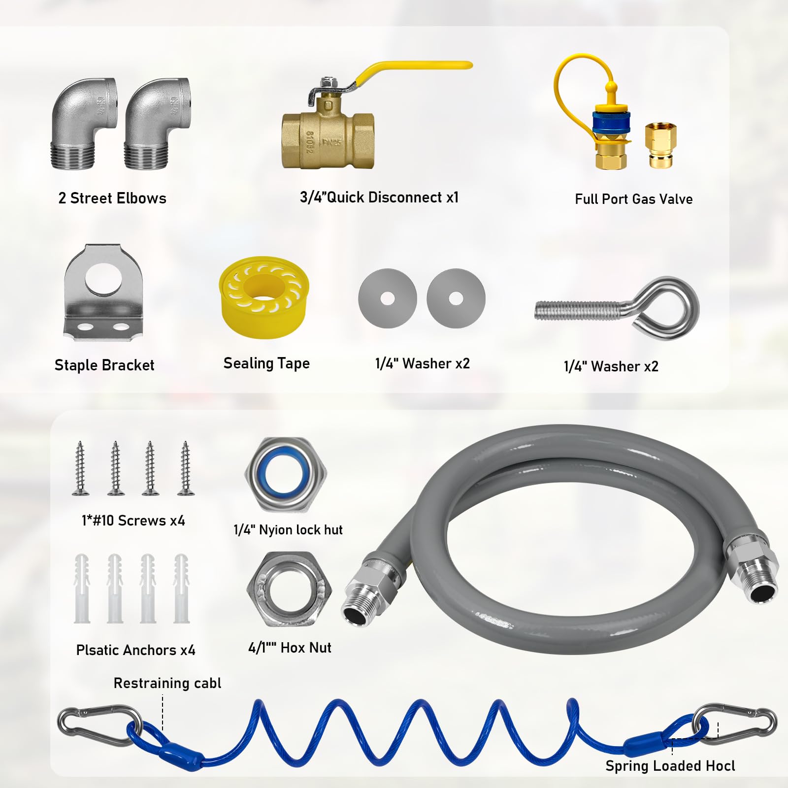 1675KIT48 - Kit de sistema de seguridad, 3/4 pulgadas de diámetro interior, 4 pulgadas de longitud, incluye 2 codos, accesorio de desconexión rápida de 3/4 pulgadas, manguera de aire, válvula de gas