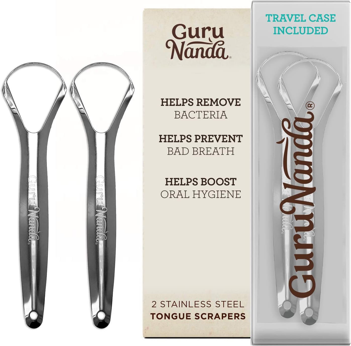 GuruNanda Stainless Steel Tongue Scraper (Pack of 2), Fight Bad Breath