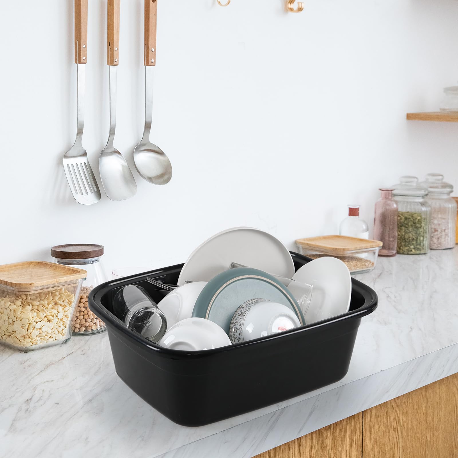 Paquete de 3 cuencos rectangulares de plástico de 15 L para fregadero de cocina, color negro