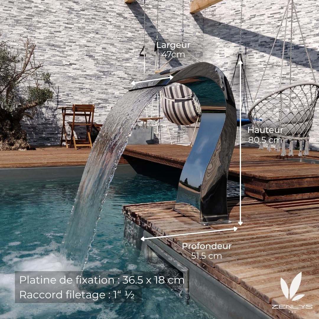 Cascade Piscine INOX 316 - Demi Coeur - Hauteur 80cm - Largeur 47cm - Poli Miroir - Fontaine - Bassin - Massage - Detente - Acier Inoxydable - Compatible Traitement de Piscine au Sel Chlore