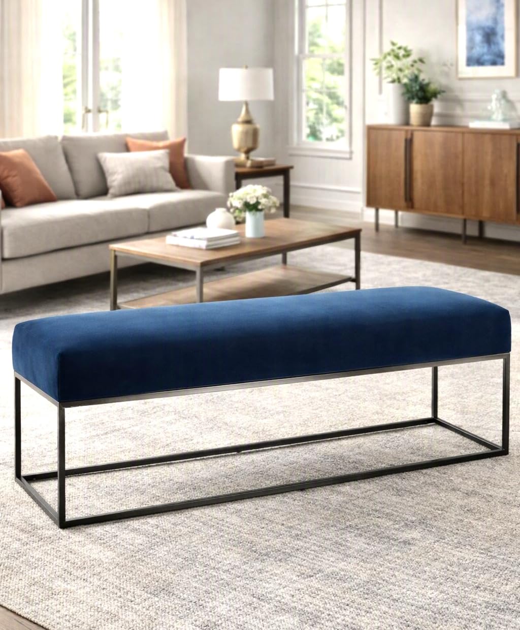 Contemporary Velvet Bench with Sleek Metal Frame | Long Luxury Cushion Sitting Ottoman for Bedroom, Hallway & Dressing Room (Blue, 1 Piece)-image-13