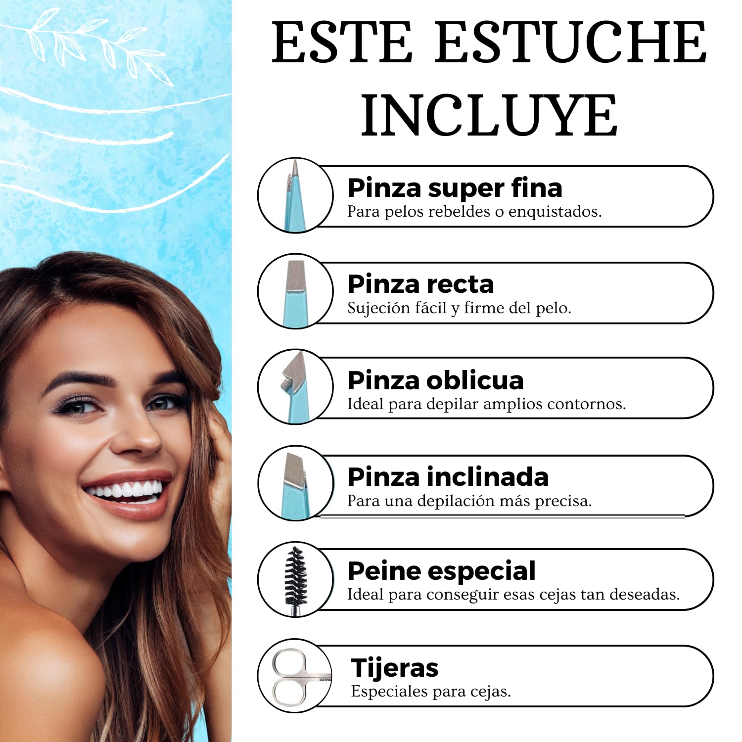 Set de Pinzas de Cejas Profesionales Con Espejo de Aumento x10 - 4 Tipos de Pinzas, Cepillo y Tijeras - Regalo Para Parejas