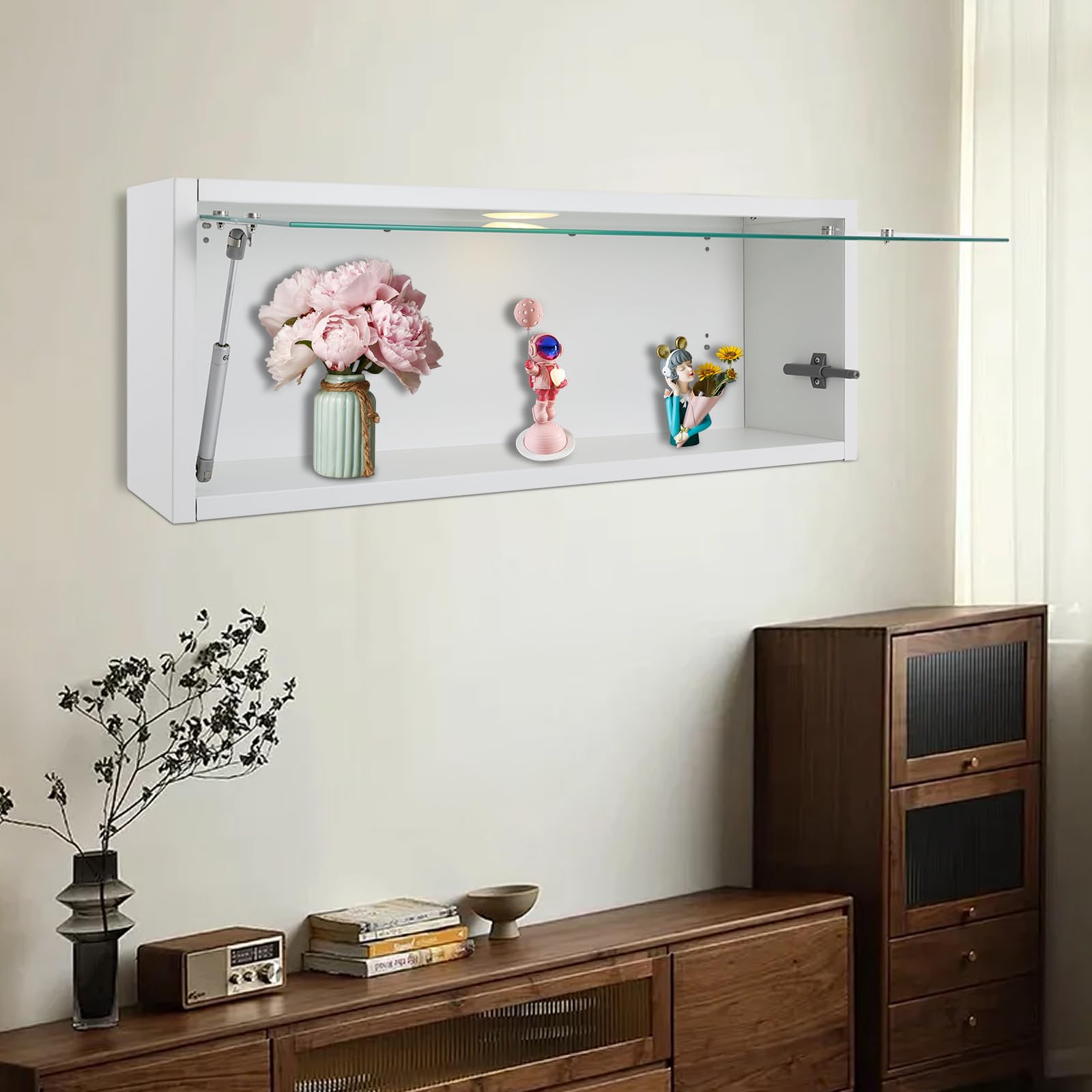 Wandschrank Aufbewahrungsschrank mit LED Licht Wandregal Hängeschrank mit Temperglas Tür Küchenschrank mit USB Ladefunktion für Küche Wohnzimmer Schlafzimmer Wandmontage Stauraum (Weiß, 80*18*30cm)