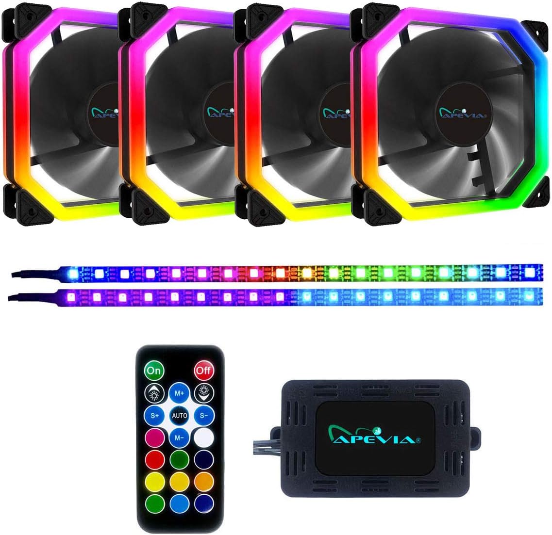 Apevia PN4P2-RGB Phoenix 120mm Silent Dual-Ring RGB Color Changing LED Fan with Remote Control, 16x LEDs & 8X Anti-Vibration Rubber Pads w/ 2 Magnetic LED Strips (4+2-pk)