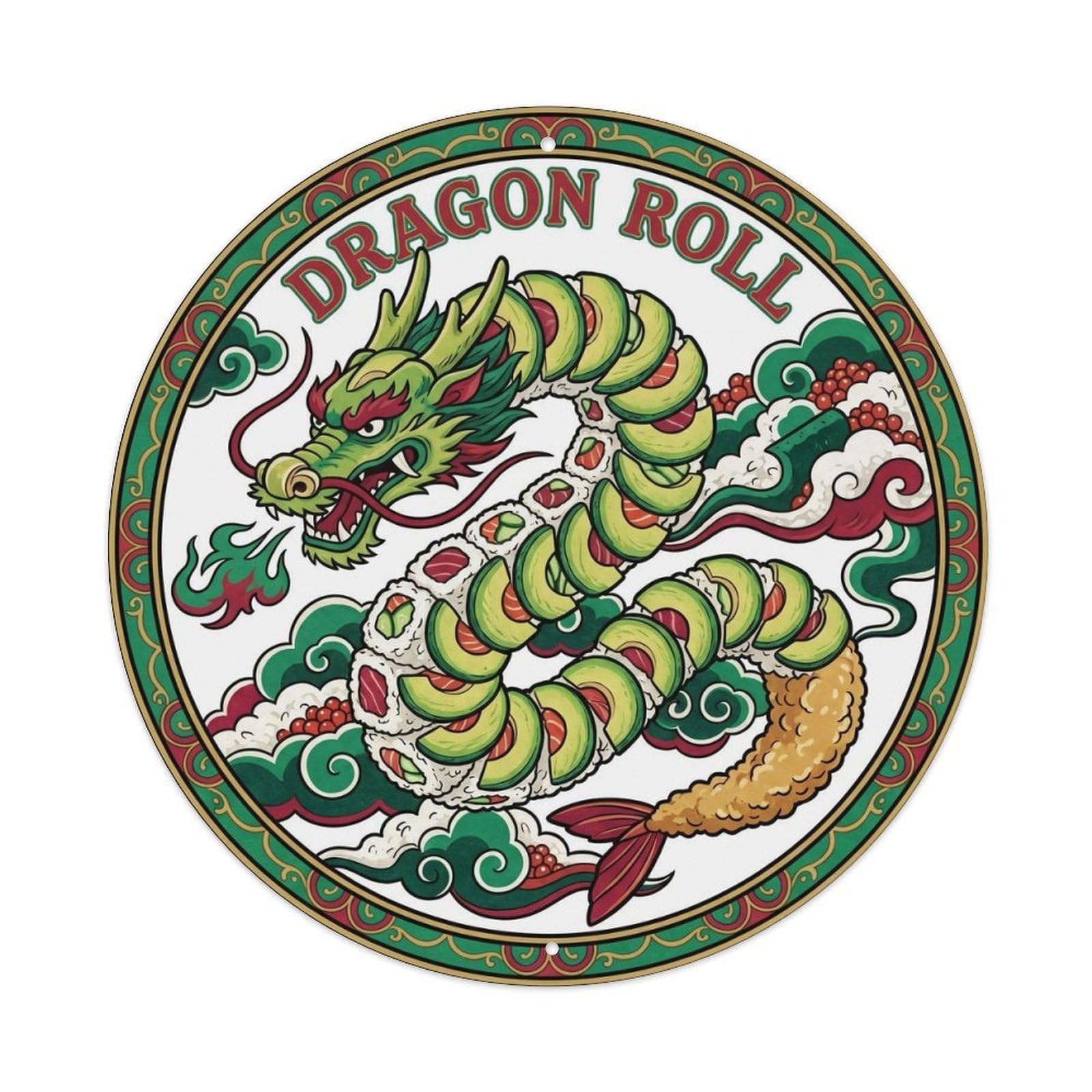 Olyhtr 8X8inch Classic Style Sushi Dragon Roll Ukiyo Woodblock Emerald Seafood Metal Tin Sign