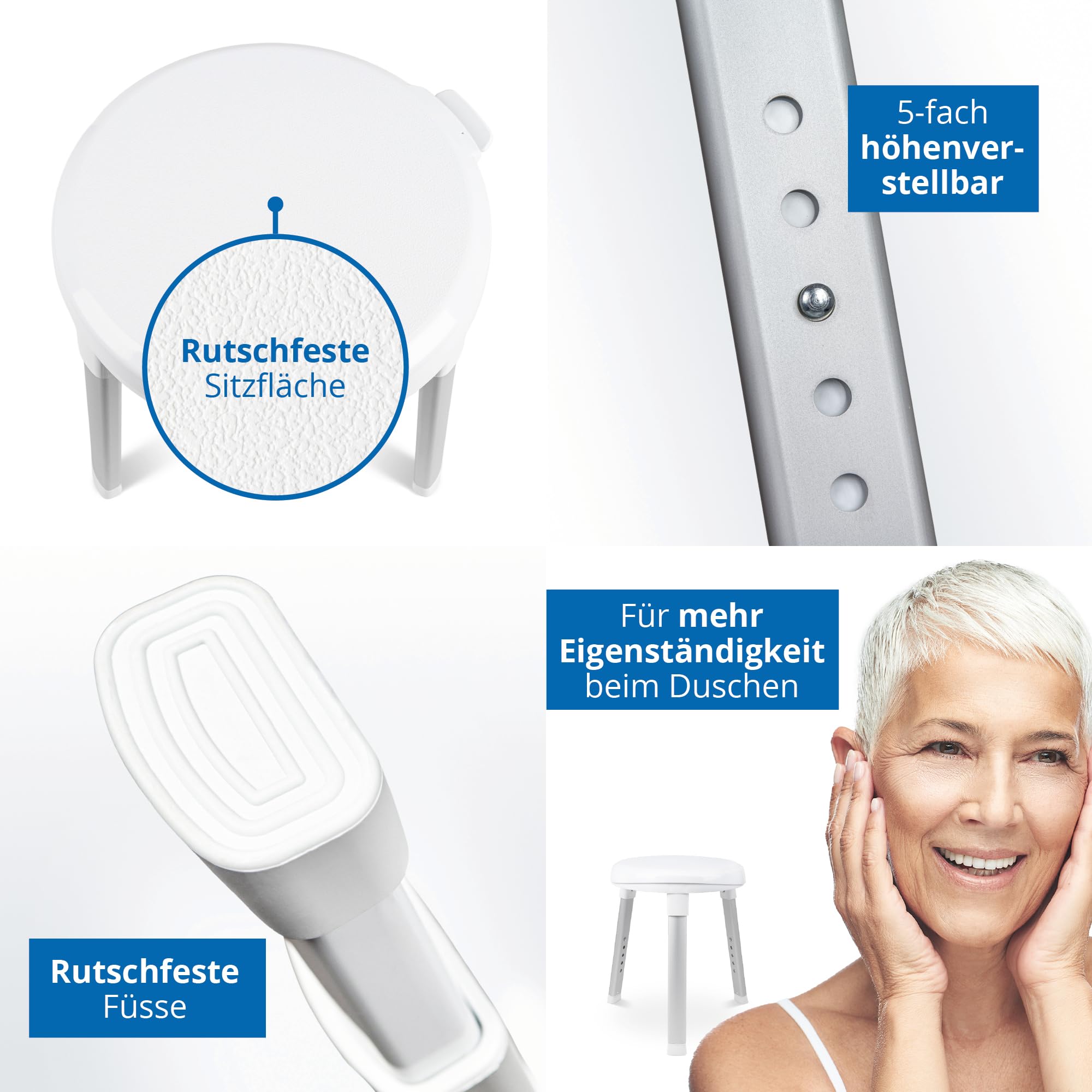 Weinberger 360° drehbarer Duschhocker höhenverstellbar 38-48 cm | Belastbar bis 150 kg | 2,8 kg leicht, rutschfest & modern | Runder Duschstuhl für Senioren für mehr Sicherheit im Bad in weiß