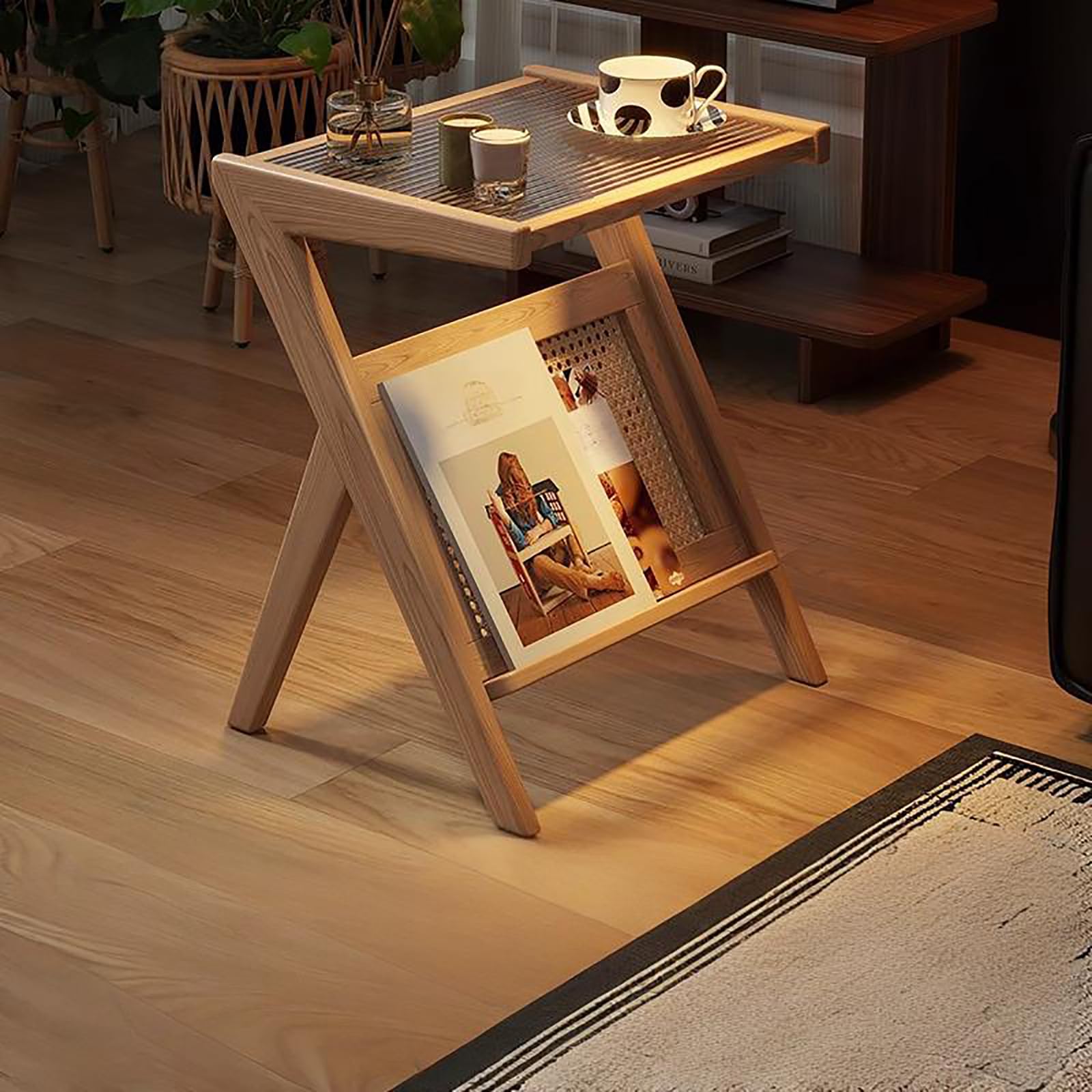 Table de chevet en verre ondulé et bois massif rustique