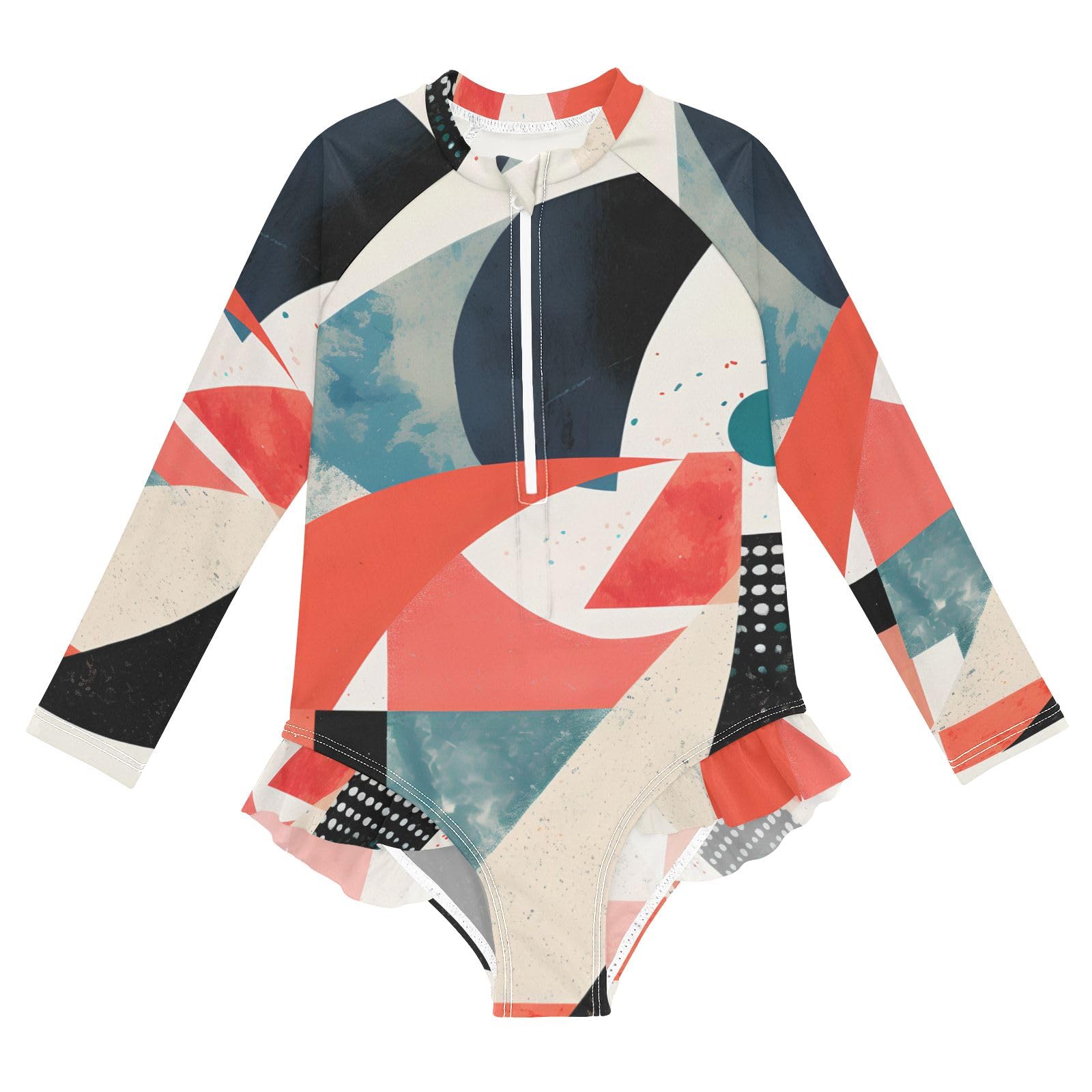 ALAZA Swimsuit for Girls Long Sleeve Rashguard Bathing Suit Geometric Abstract 3 Quick Dry 4T