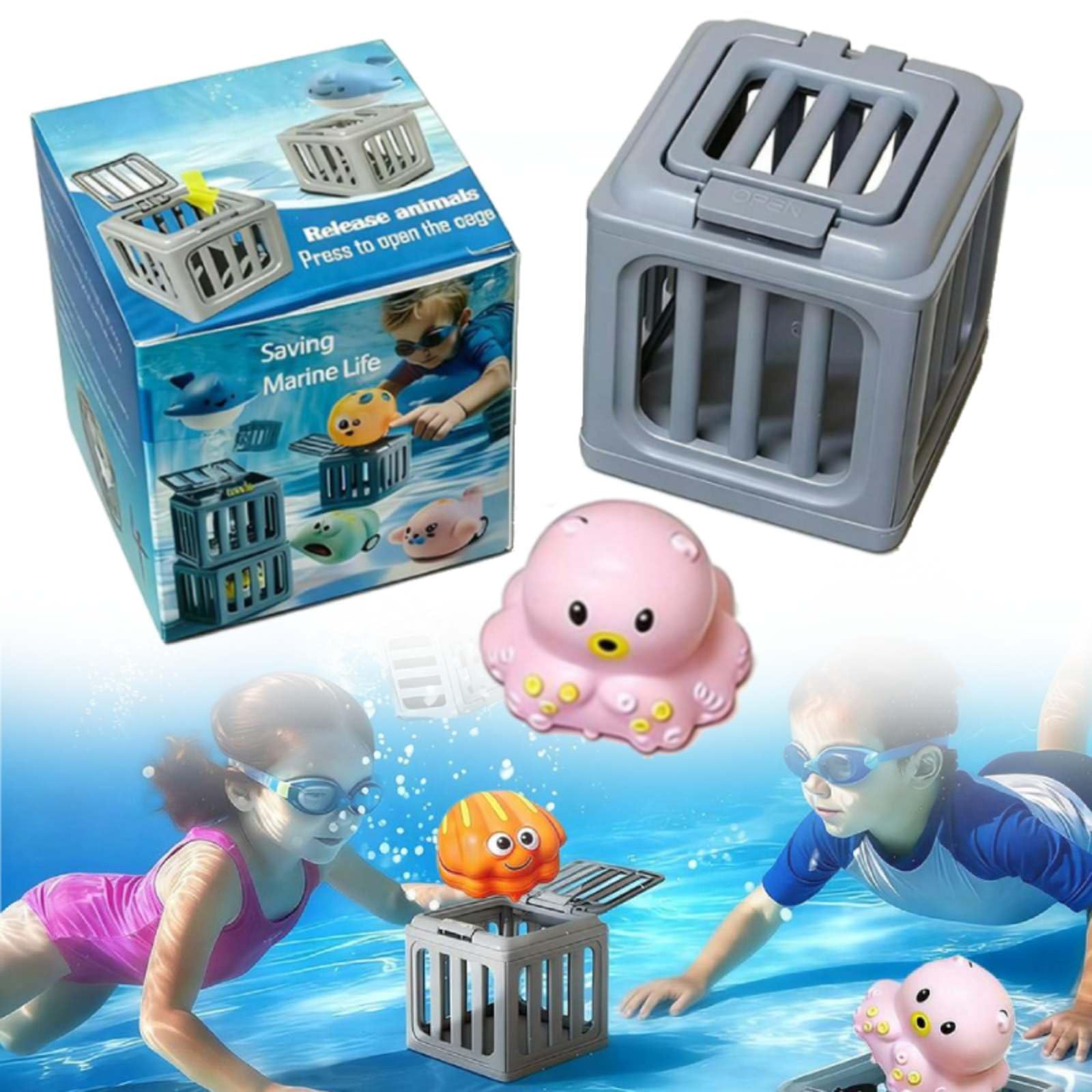 Underwater Dive Rescue Toy, Pool Diving Toys Summer Water Dive Pool Set with Fish Box Floating Animals, Colorful Animal Sinkies Swimming Training Party Gifts for 3-12 Year Old Boys and Girls(octopus
