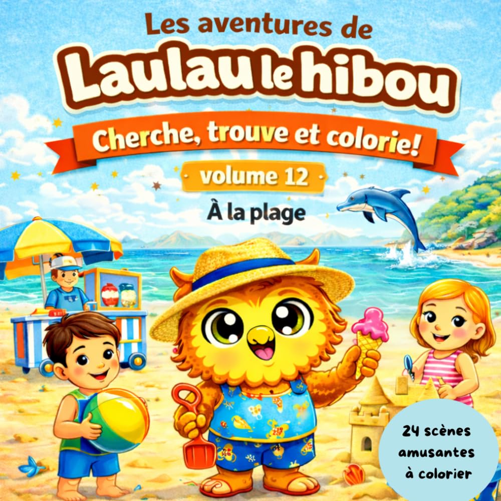 Les aventures de Laulau le hibou: Cherche, trouve et colorie à la plage ! Volume 11 - 24 dessins faciles à colorier dès 3 ans