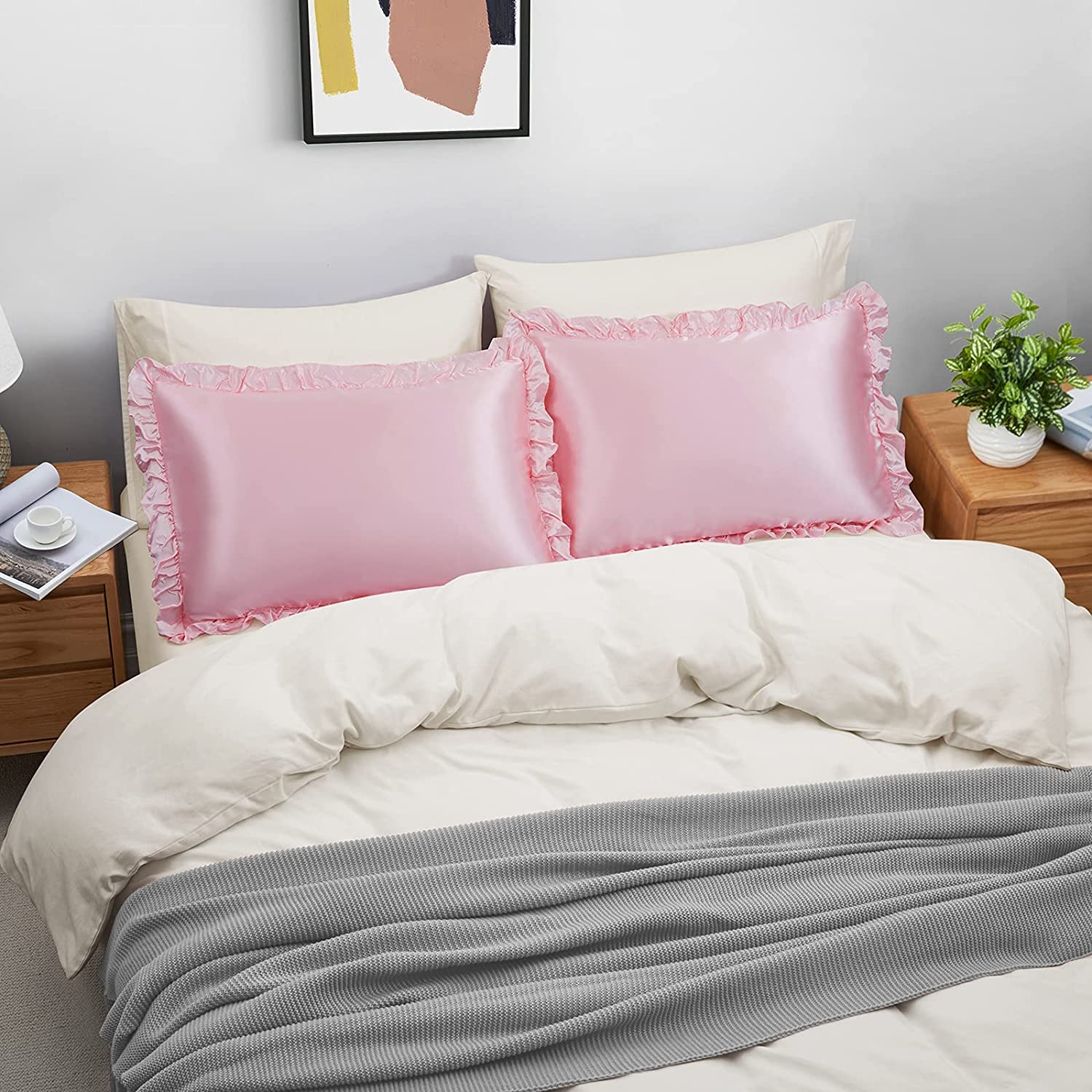 LAKULISH COLLECTION Satin Silk Pillow Covers for Hair and Skin-with Satin Scrunchies for Women Stylish |Satin Pillow Covers for Hair and Skin 2pack |Silk Scrunchies for Women 3pack (Pink) 2