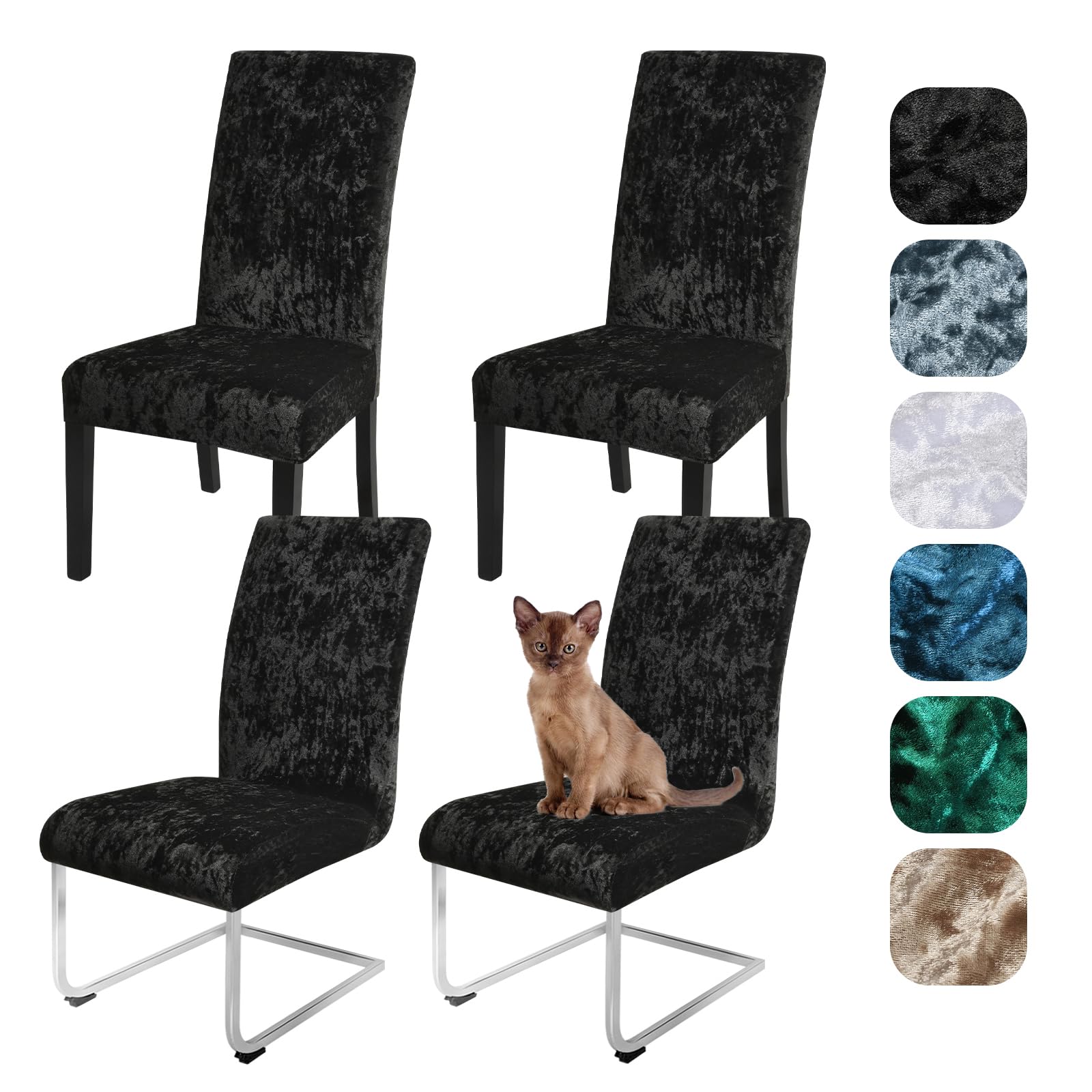 Alishomtll Juego de 4 o 6 fundas de terciopelo arrugado para silla, elásticas, extraíbles, lavables, para comedor, banquete, boda (negro, 4 unidades)