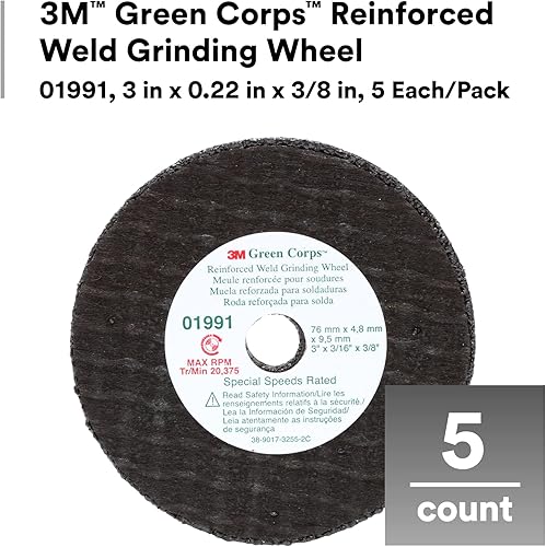 Miniatura 2 de 3M Green Corps - Muela abrasiva de soldadura reforzada 01991, 3 pulgadas, .22 x 3/8 pulgadas, paquete de 5 unidades, resistente, unida a resina,