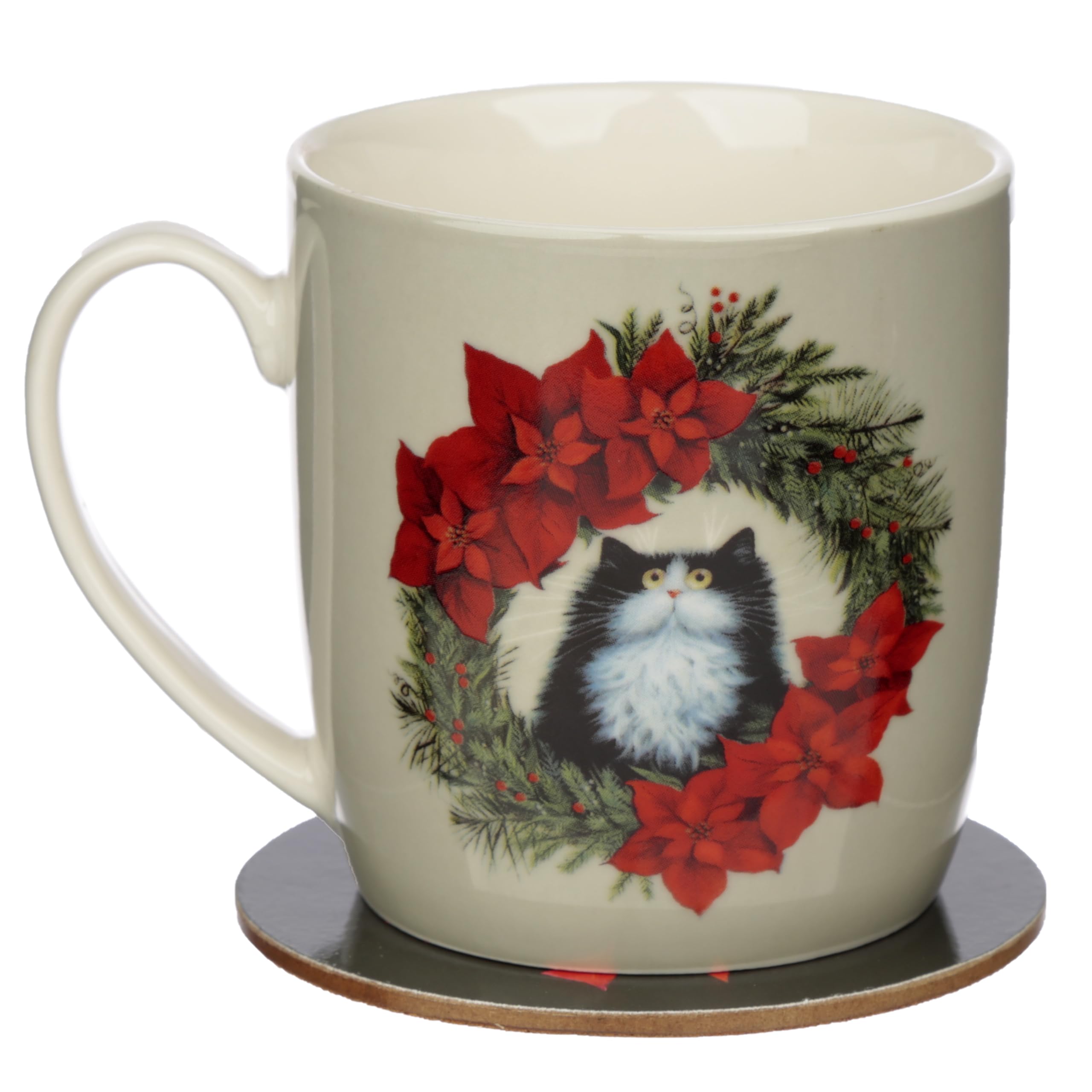 Puckator Kim Haskins Christmas Wreath Cat Porcelain Tea Coffee Mug & Coaster Set Funny Home Accessories Cute Gifts for Girlfriend Large Mugs Men Women Hot Drinks Cups Presents Secret Santa Gift - Image 3