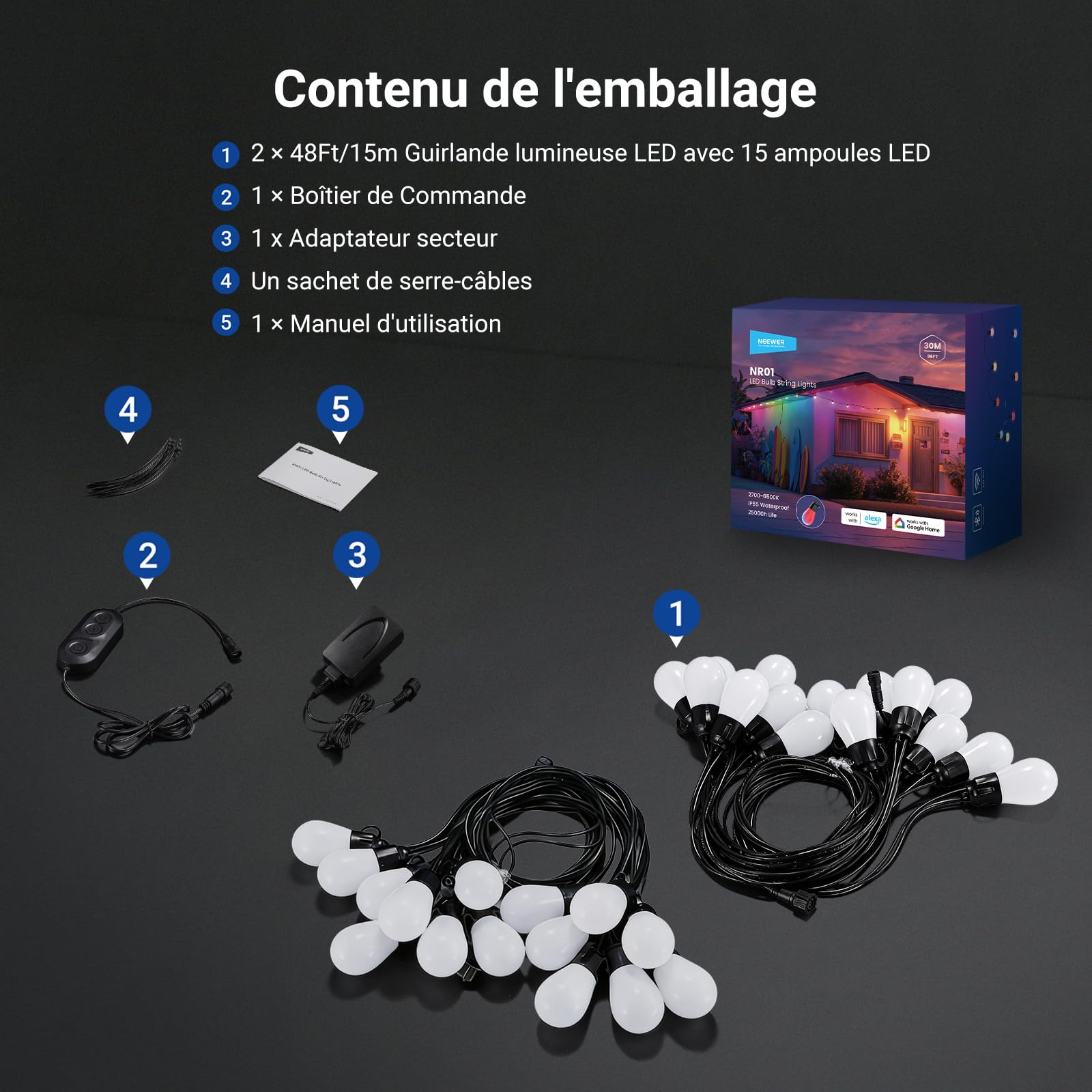 NEEWER NR01 Guirlande Extérieure 96ft,Smart AI RGBW avec App | Intensité Variable,IP65 Étanche,30 Ampoules LED,50+ Ambiances,2700K-6500K,Compatible avec Alexa Google