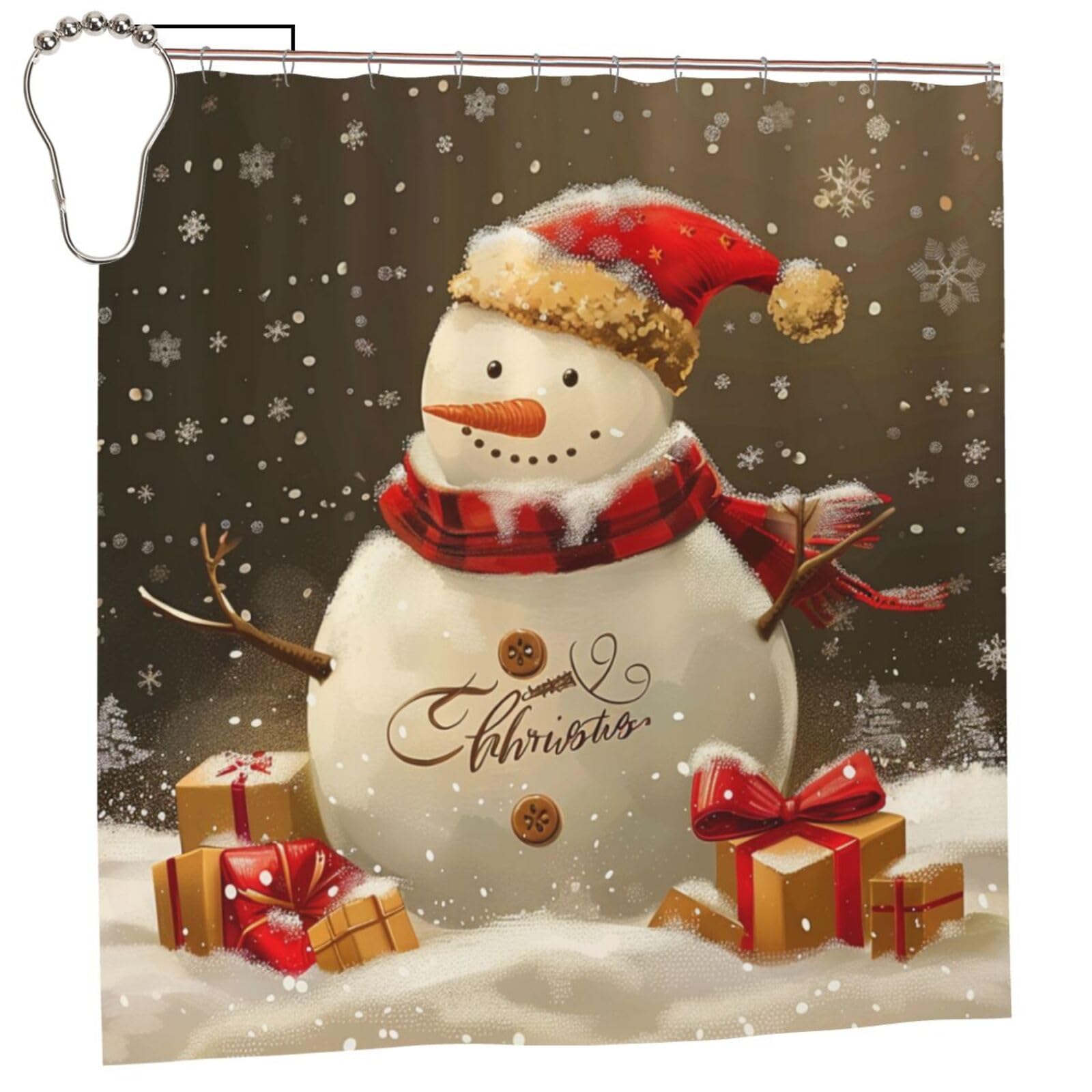 BWWHCCTI Christmas Snowman Printed Shower Curtain With 12 Iron Hooks Opaque Quick Drying Waterproof Shower Curtains Sets For Bathroom 183x183 CM