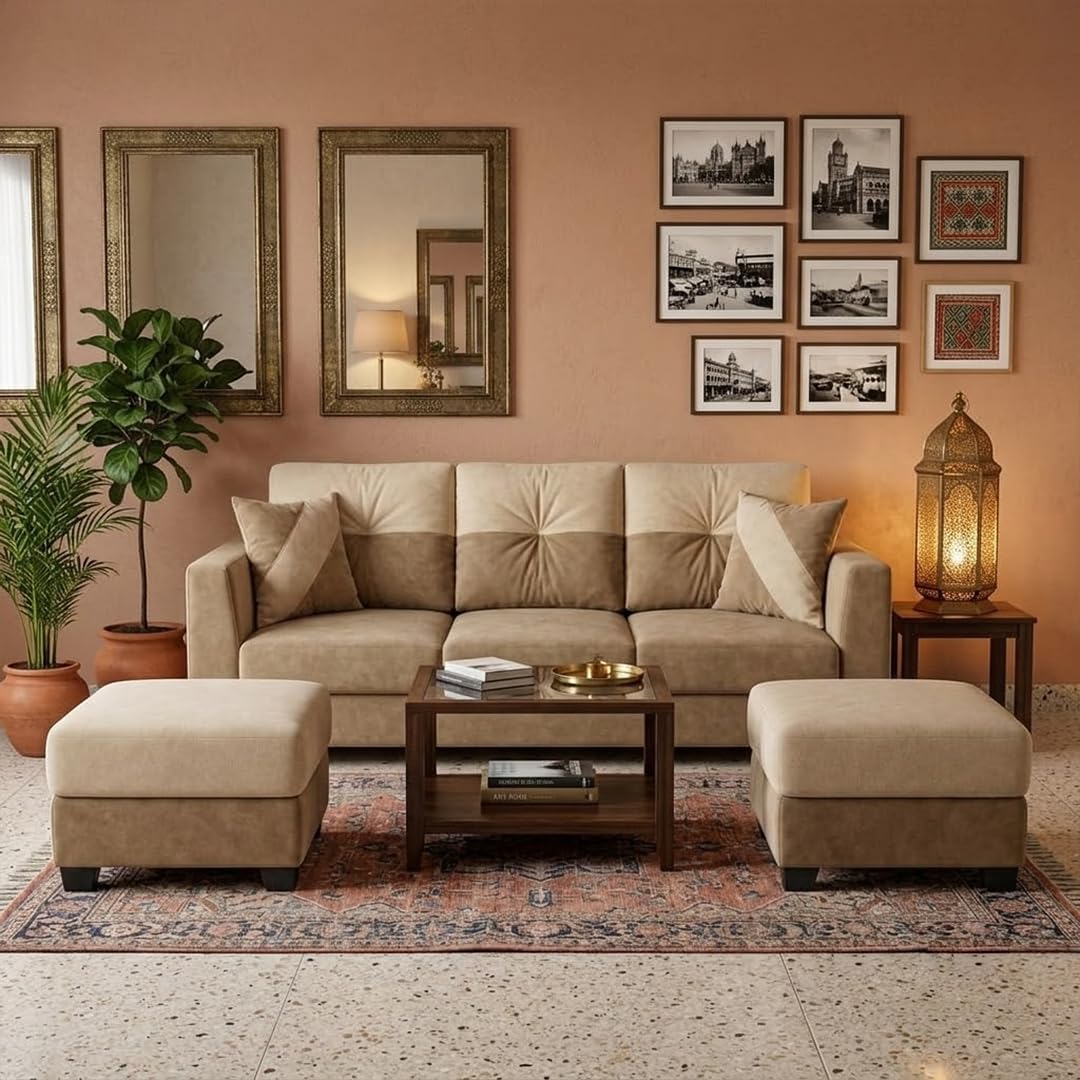 Revola Plush Comfort Sofa | 3 Seater + 2 Ottoman | Luxury Velvet Suede Fabric | Modern Living Room Sofa | Beige - Cream-image-20