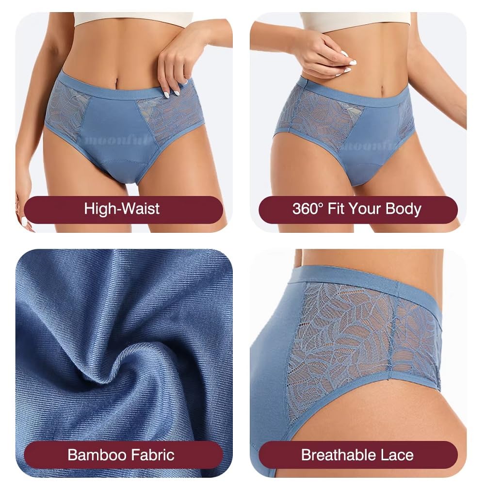 Braguitas Menstruales para Mujer de Encaje para Posparto Con Flujo Abundante Absorbentes A Prueba de Fugas de Algodón Transpirables Suaves Color Naranja Azul y Negro Talla L