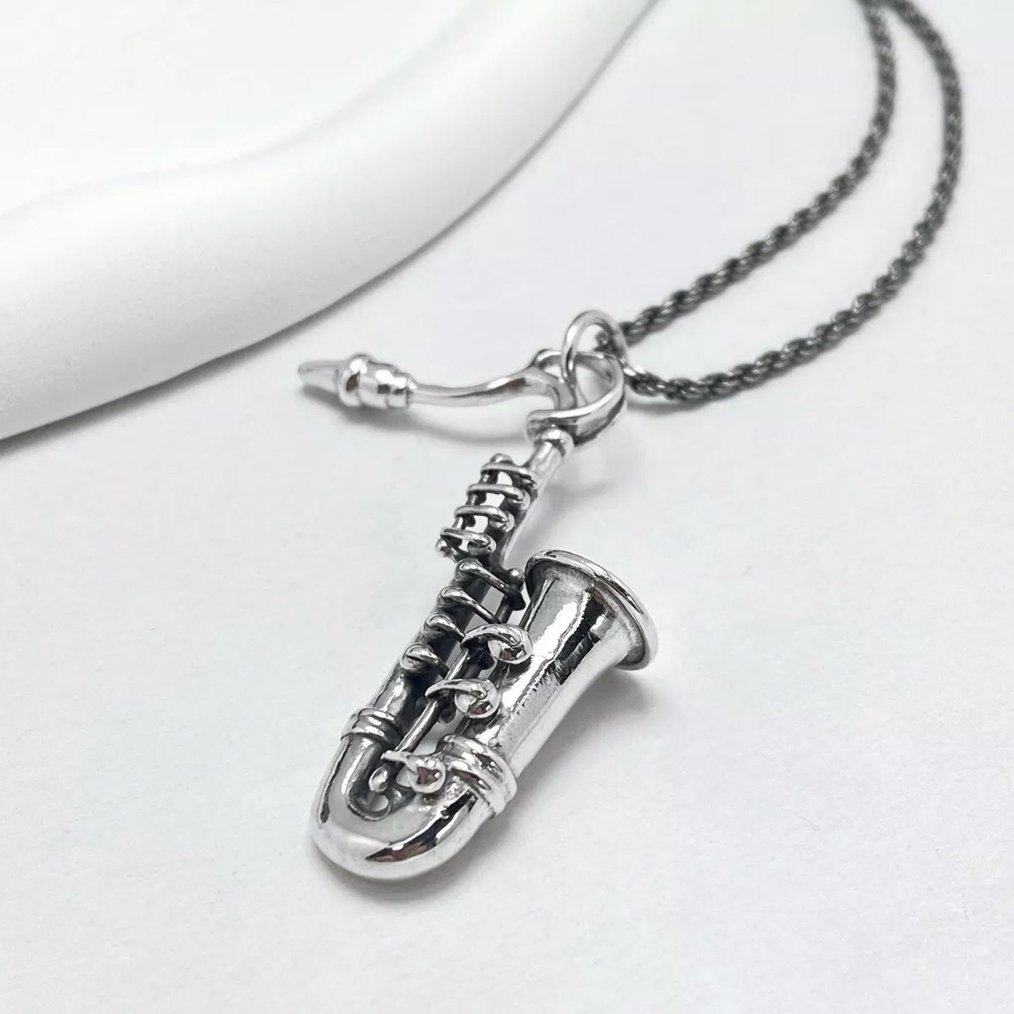 Collana con Ciondolo a Forma di Sassofono in Argento 925, Ciondolo Punk Hip Hop