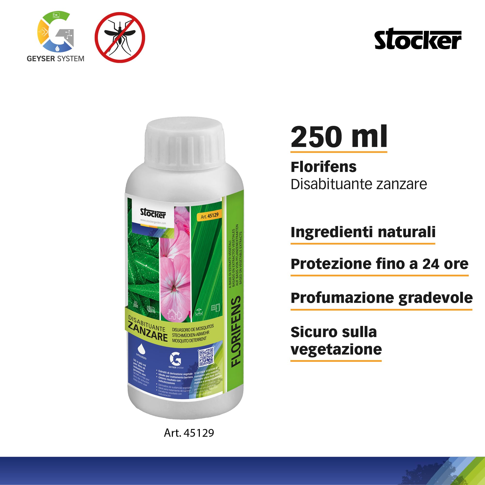 STOCKER - KIT Nebulizzatore Giardino Elettrico Geyser Compact - Geyser Mini 2 L con Batteria Li-Ion + Disabituanate Florifens + Kit Balcone Anti-Zanzare Estendibile Fino a 10 m