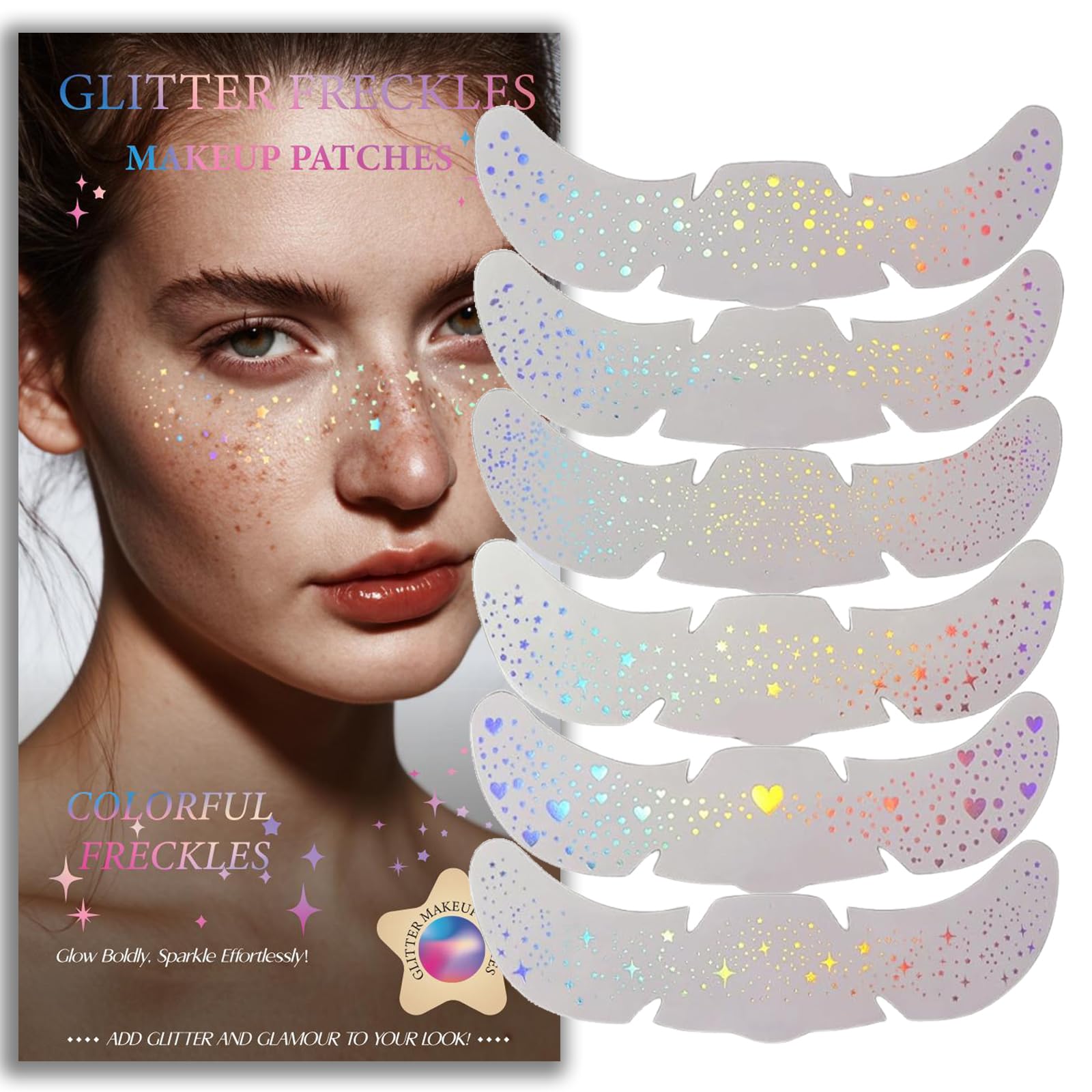 Glitter Freckles, Holographic Face and Body Glitter Tattoo Sparkle for Women Gold Glow Cosmetic Star Makeup Accessories for Festival Rave (Holographic