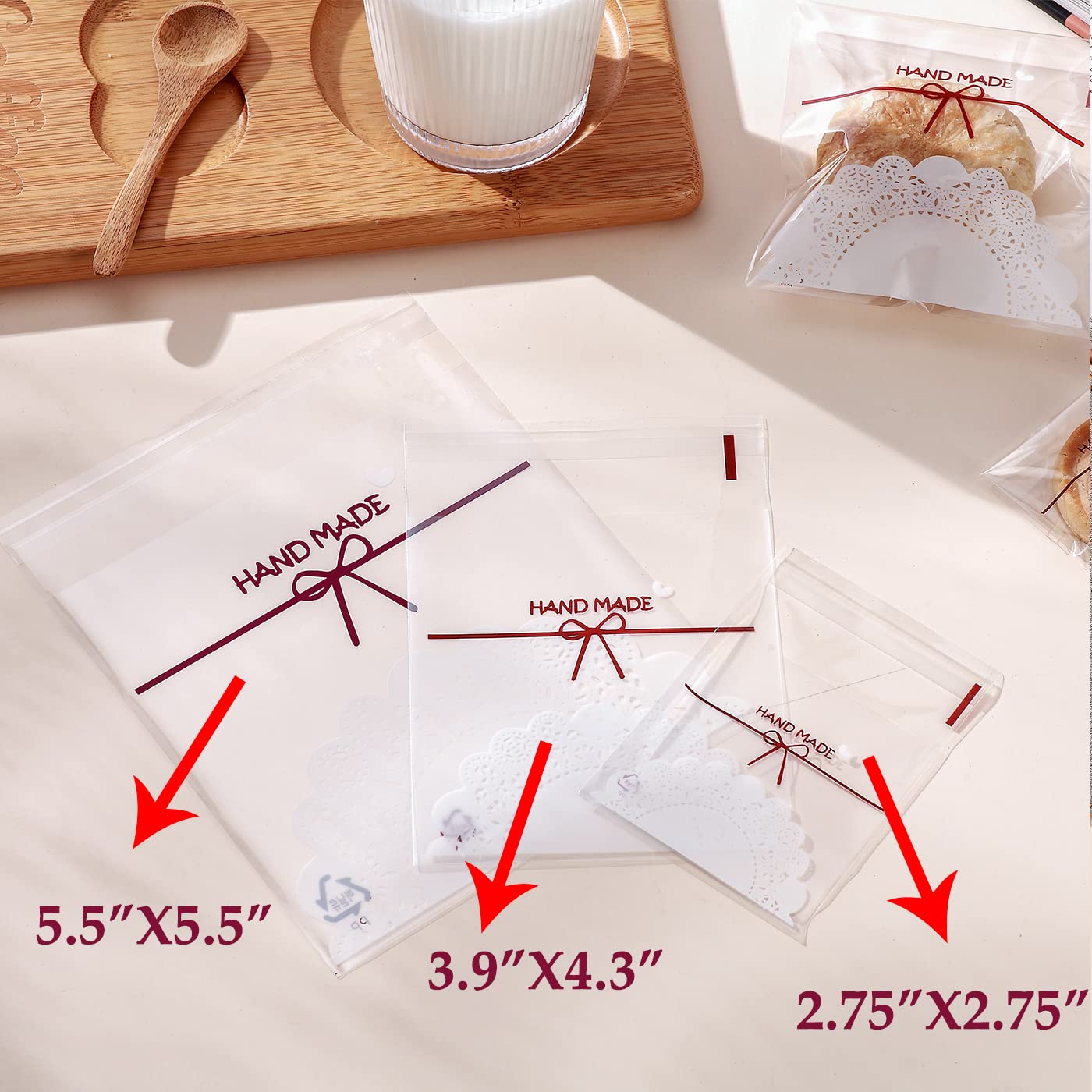Langlebige Keksbeutel für Süßigkeiten, lebensmittelecht, wiederverschließbare Zellophantüten mit kreativen Mustern, selbstklebende Verpackungsbeutel für Desserts, Kekse, Kekse, 200 Stück (14 x 14 cm)