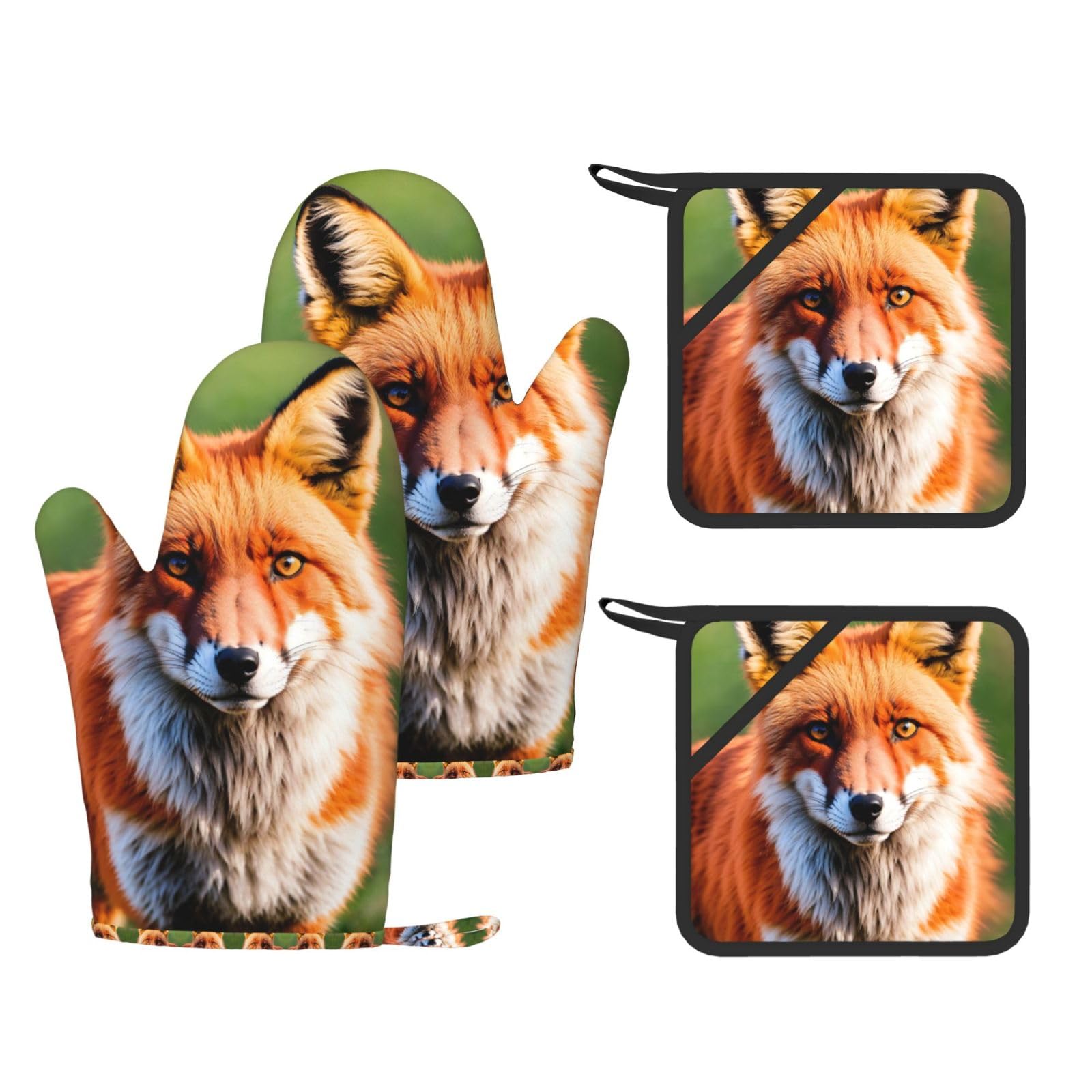 Fox Printed Cooking Mitts and Pot Holders 4 Pcs, Heat Resistant Oven Gloves with Hanging Loop Chef