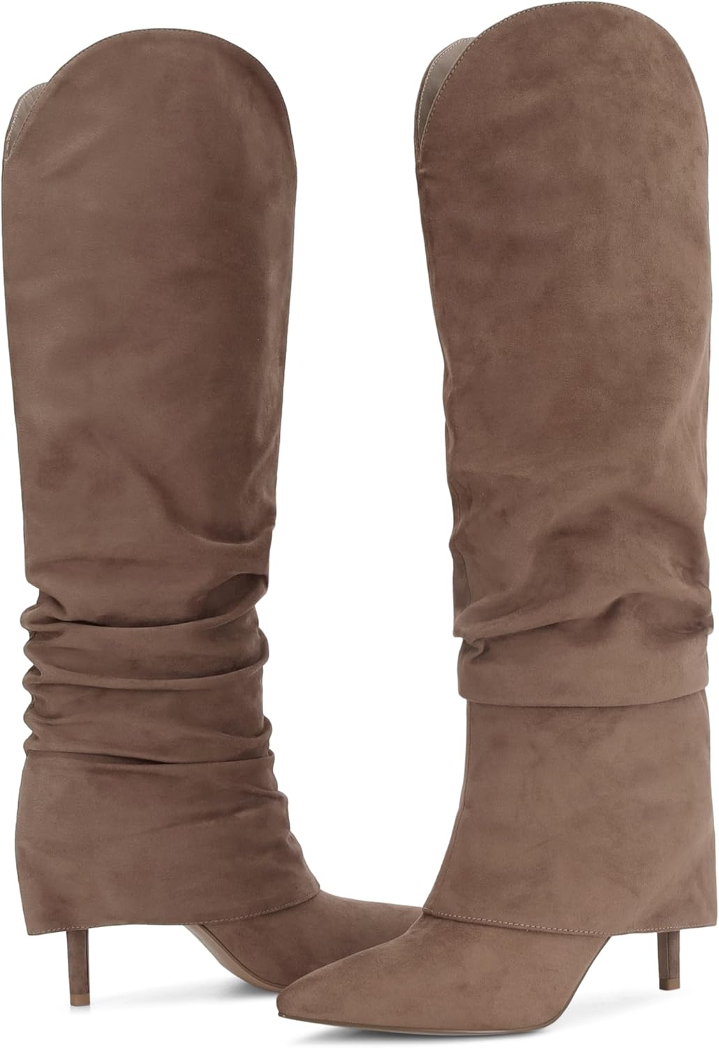 Wnshonzy Fold Over Knee High Boots for Women Wide Calf Pointed Toe Tall Boots Stiletto High Heels Long Boots Fall Boots Pull on Fashion Casual Dressy