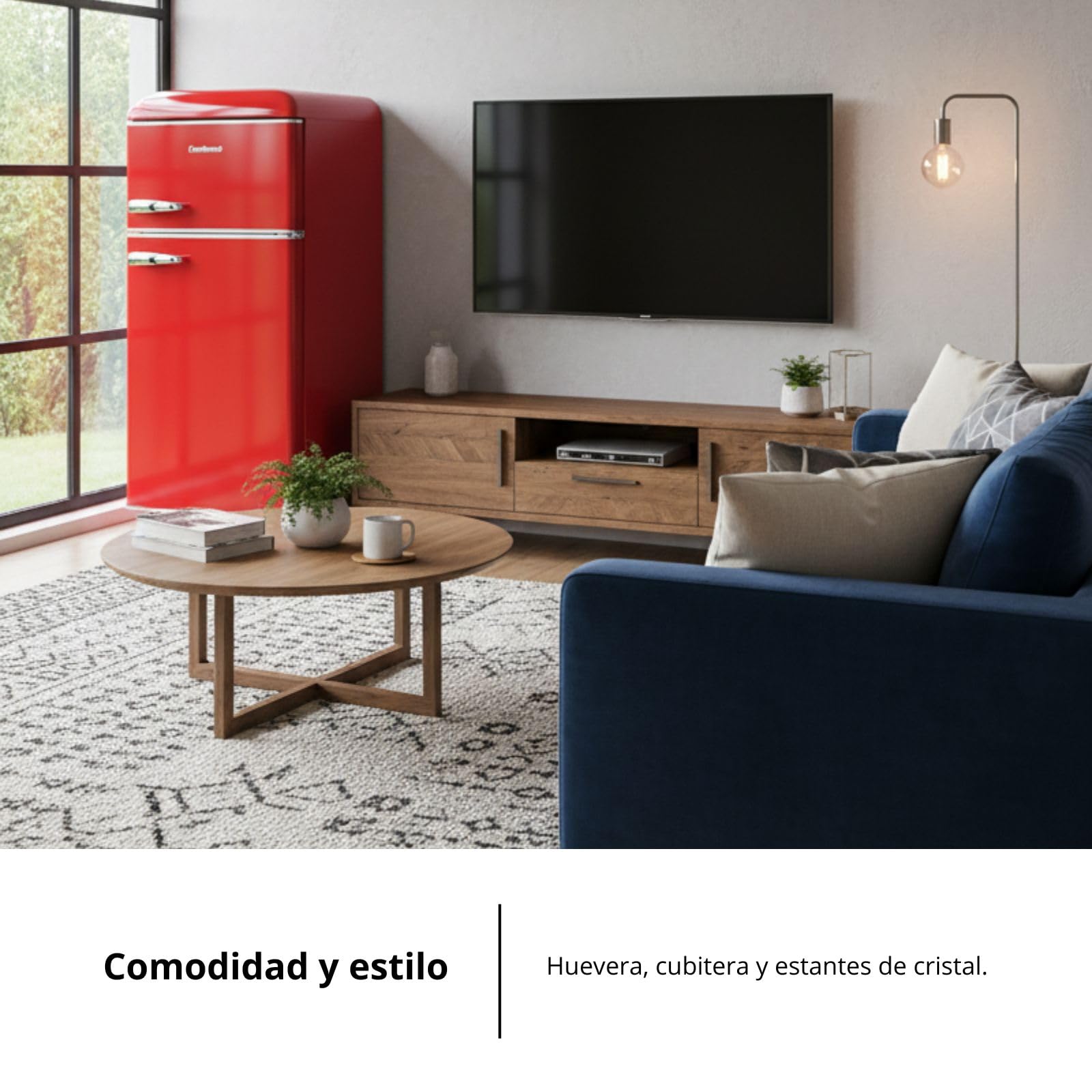 Corberó – lodówka retro statyczna, CF2PG90RR, 89 x 48 x 51 cm, pojemność 86 l, zamrażarka 26 l, 37 dB, światło wewnętrzne, szklane półki, nogi poziomujące, kolor czerwony