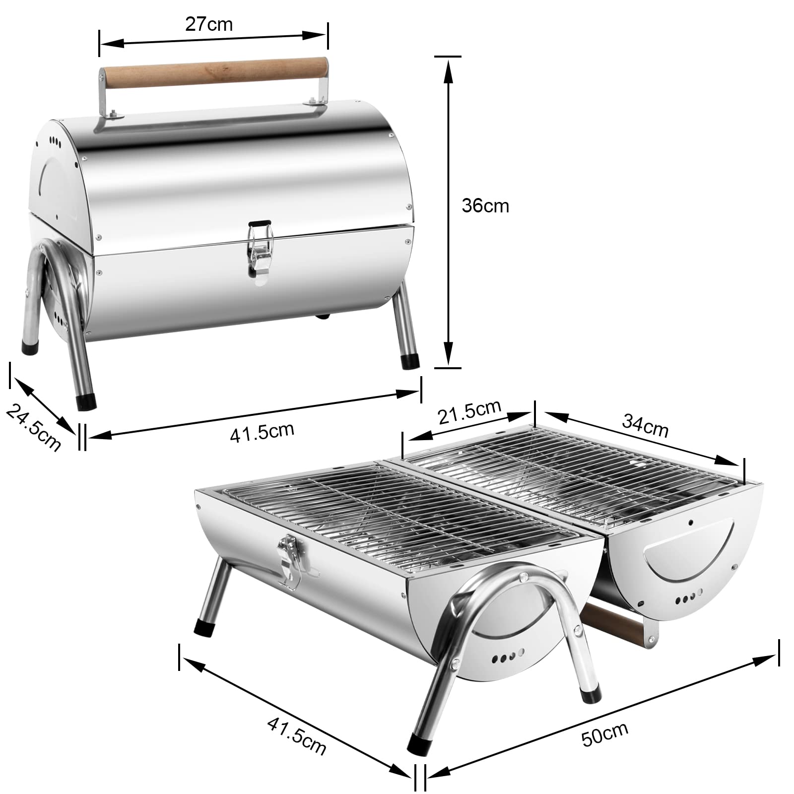 Edelstahl Klappgrill Holzkohlegrill, BBQ Grill Doppel Grillfläche 34x21.5 cm, Tischgrill Campinggrill für Outdoor Kochen, Camping und Picknick
