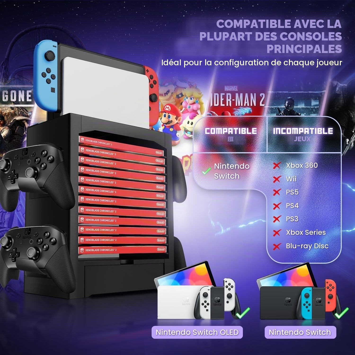 TNP Station de rangement pour Nintendo Switch OLED avec support de station d'accueil, étagère verticale pour 10 boîtiers de jeu, 4 contrôleurs, tiroir Joy-Con, noir