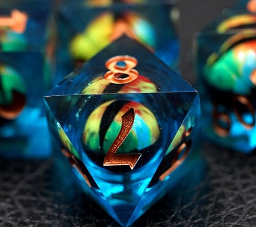 Miniatura 3 de DND - Juego de dados Dungeons and Dragons, 7 piezas de dados de ojo de núcleo líquido, D&D, Dungeons and Dragons, dados de resina de borde afilado