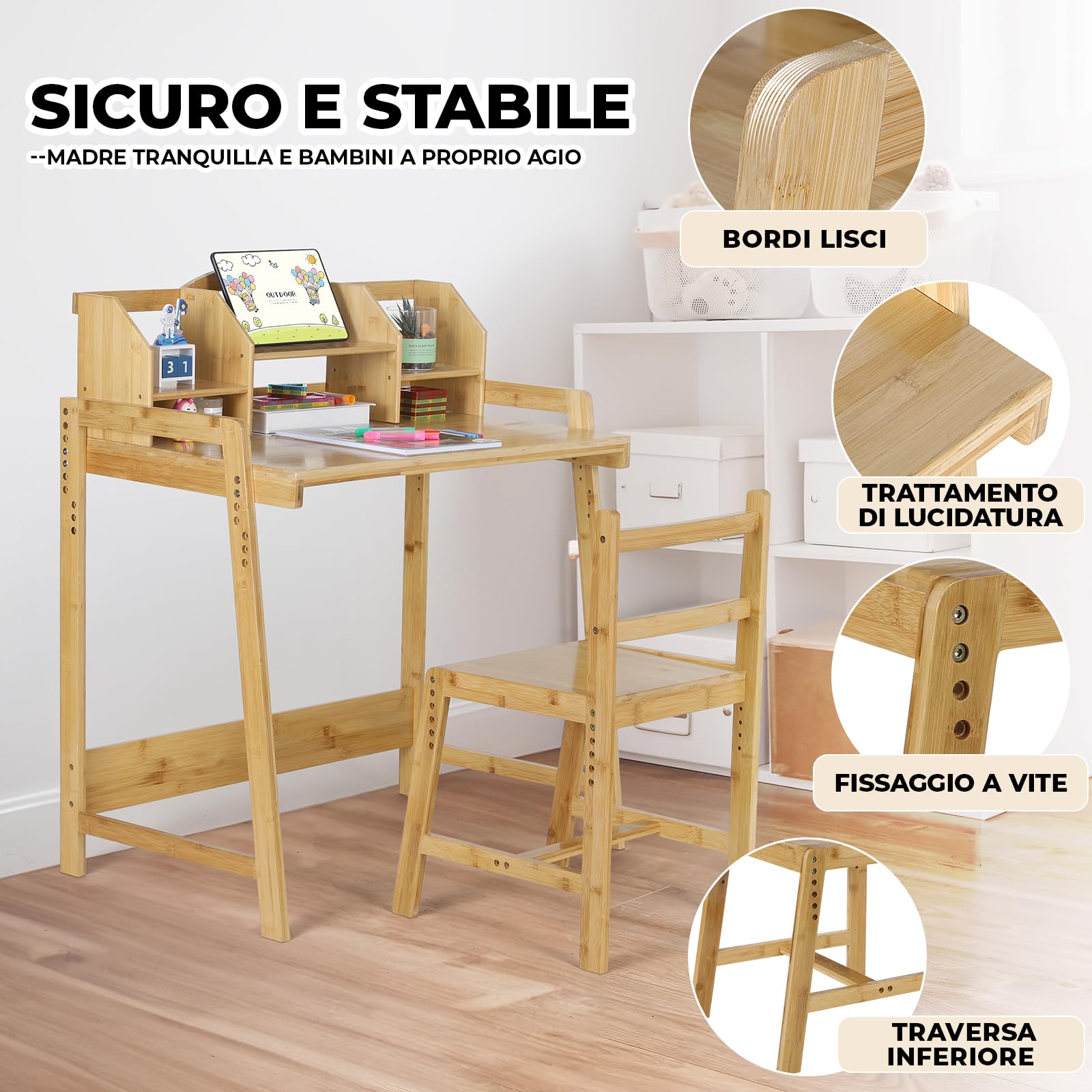 Scrivania per bambino Regolabile in Altezza, con Sedia, in Legno di Bambù, Supporto per Libri, Set da Scrivania, Colore Naturale