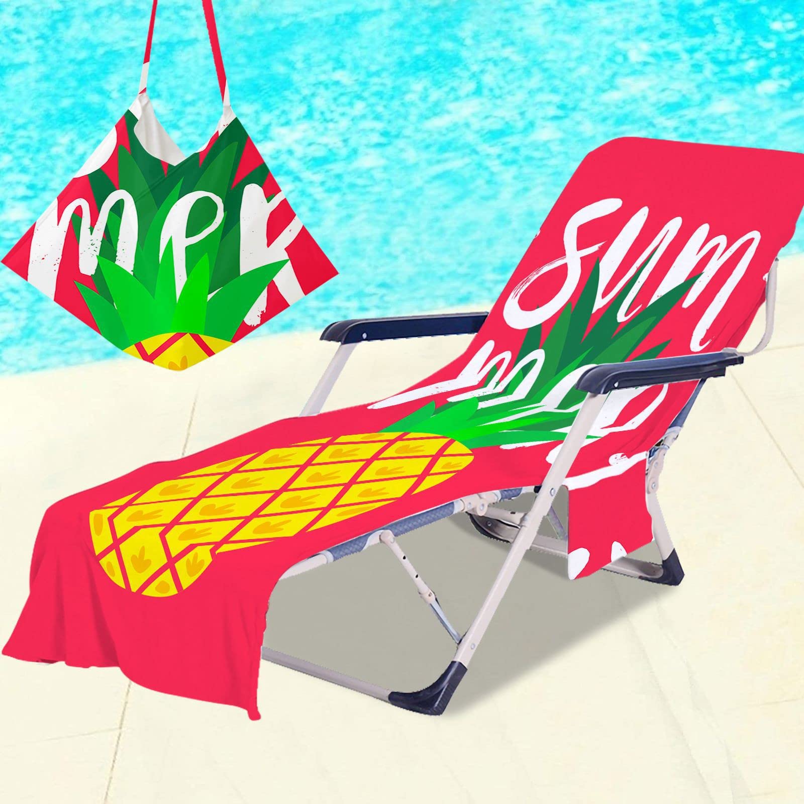 RRrawgff Beach Towel with Pockets for Loungers, Summer Style Beach Chair Cover Towel Fitted Microfiber Sunbed Towel Sun Lounger Towels for Summer Outdoor Garden Pool Vacation (Yellow Pineapple)
