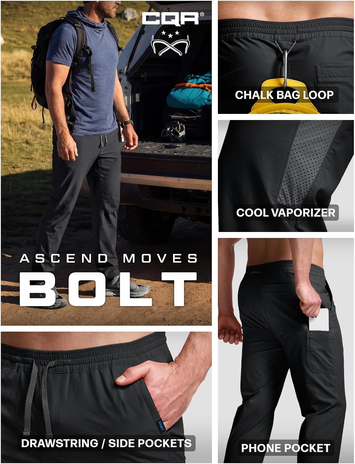 CQR Men's Lightweight Vent Hiking Pants, Water-Resistant & Breathable Sports Outdoor Athletic Pants with Elastic Waist - Image 4