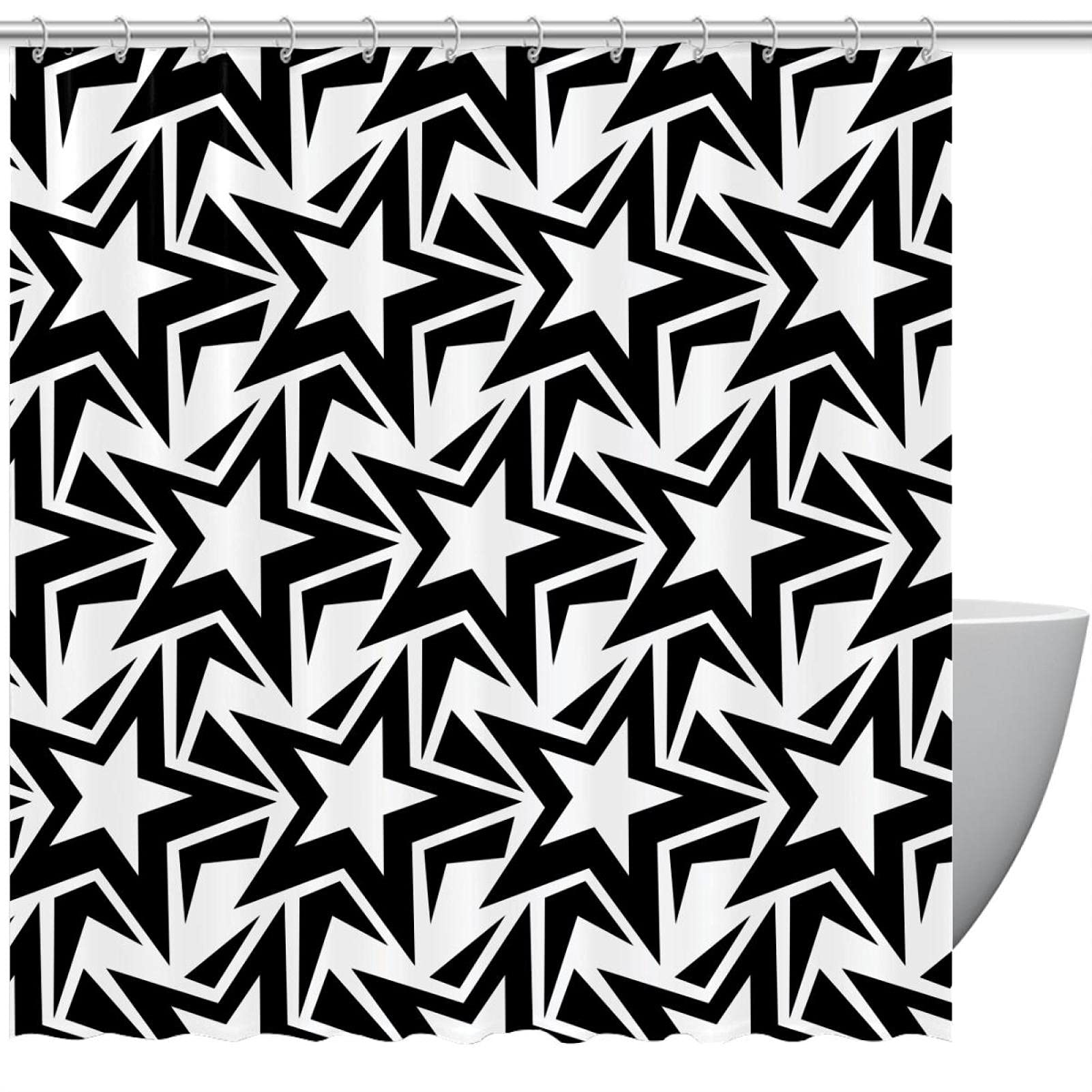 Rideau de douche motif abstrait étoiles noires blanches 183x183cm imperméable salle de bain