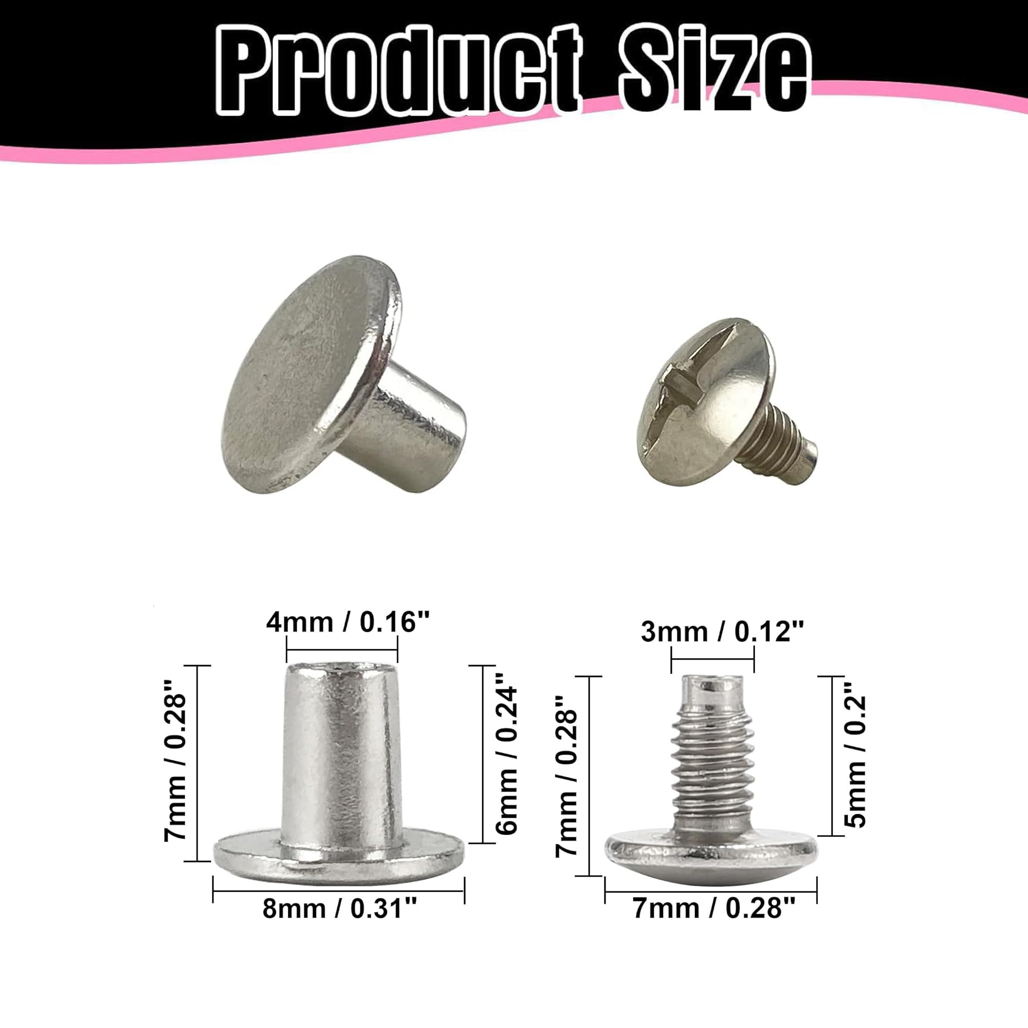 Botones redondos de cabeza plana Chicago para manualidades de cuero, cierre de poste de tornillo de reparación de 1/4 pulgadas (6 mm), pernos de remache de clavos de metal, plata, 500 juegos, diámetro