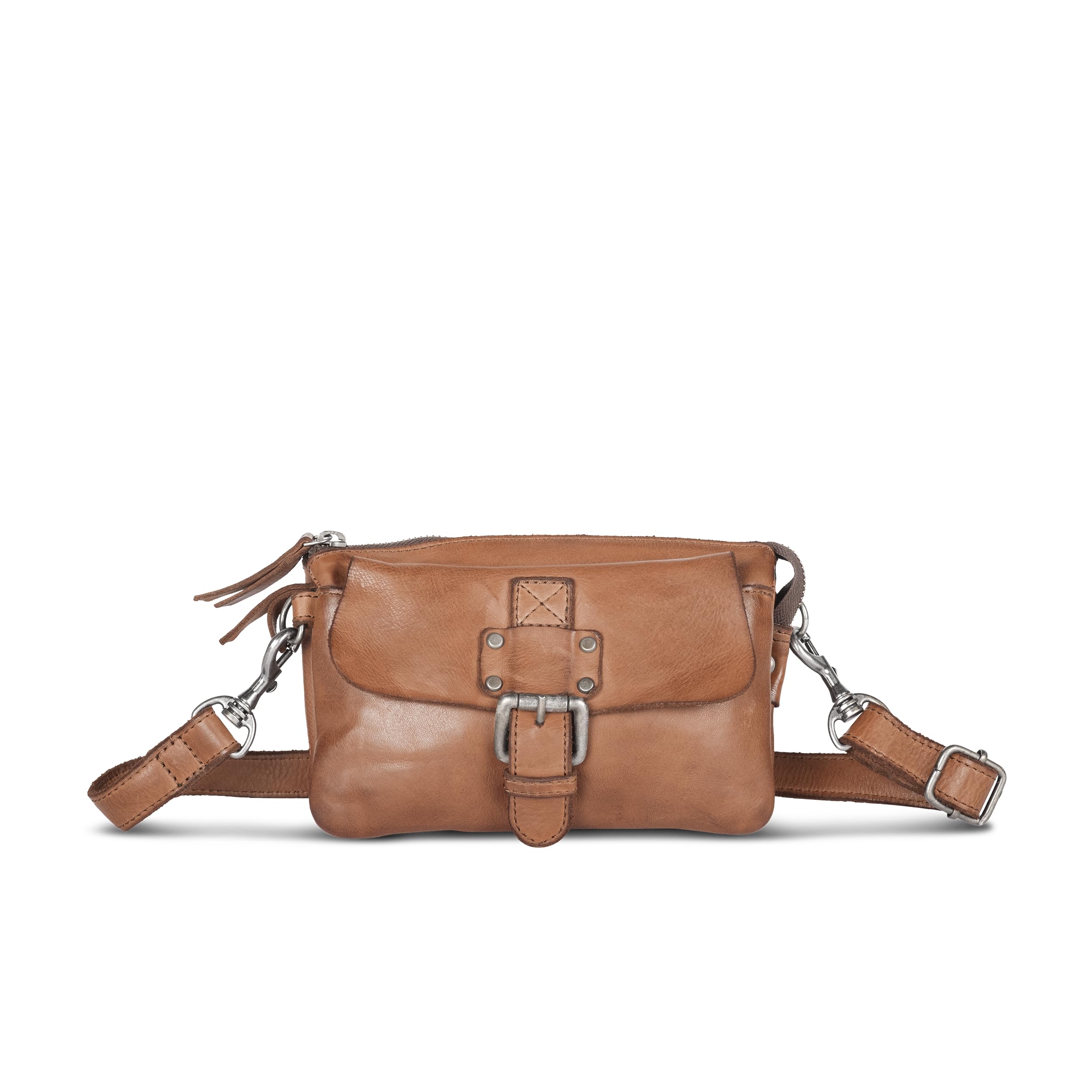 Handtasche DANY, kleine Damen Umhängetasche aus Leder, als Gürteltasche tragbar, 3 Fächer mit Reißverschluss für perfekte Organisation, cognac