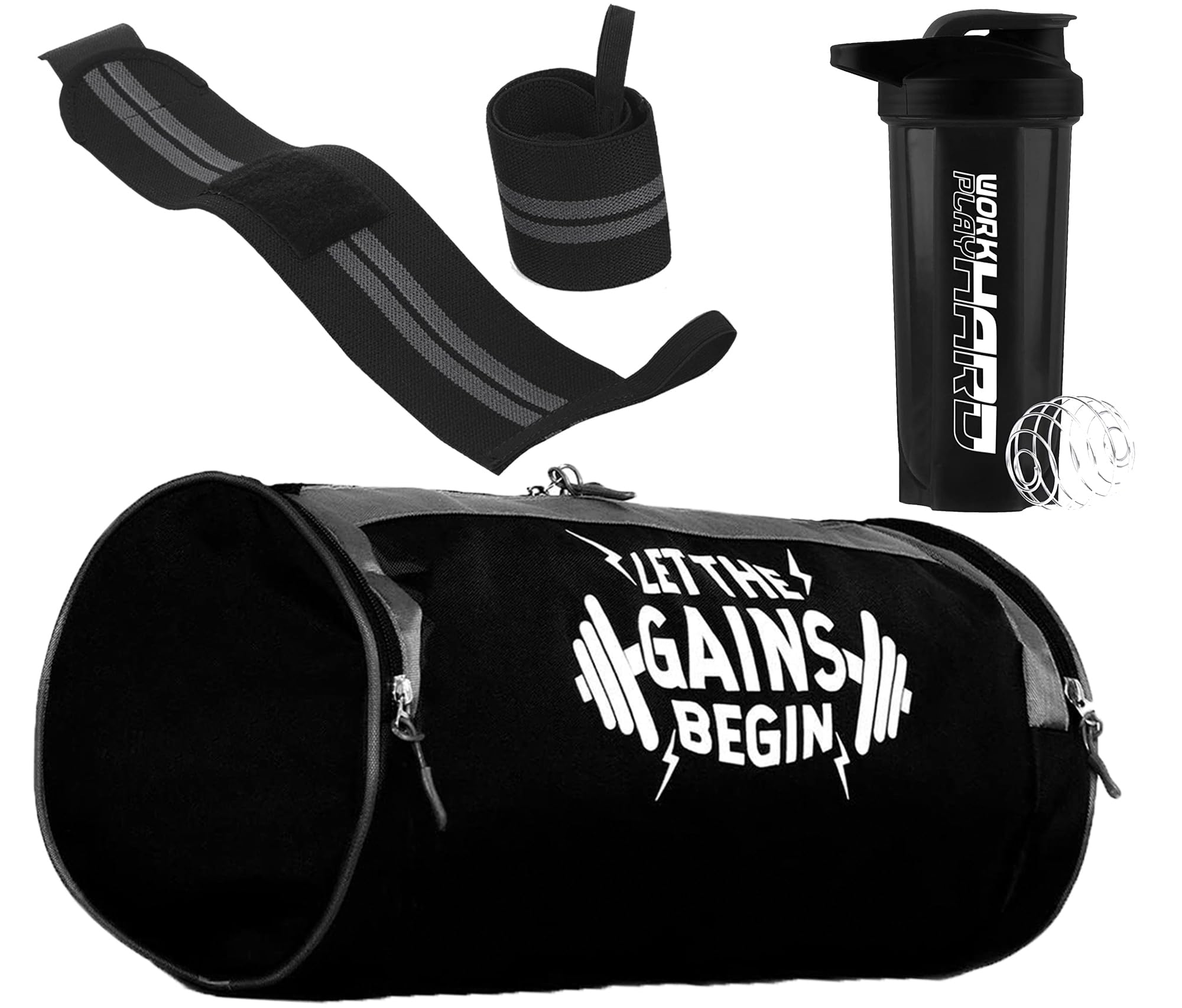 Combo 600 ml Gym Shaker Bottle with Gym Duffle Bag with Shoe Compartment and Wrist Band Duffel Bag for Fitness Shoulder Gym Bags for Men & Women Wrist Hand Support for Gym (Black)-image-3
