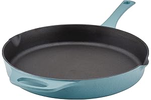 Rachel Ray Agave Blue Cast Iron Frying Pan/Skillet with Helper Handle and Pour Spouts