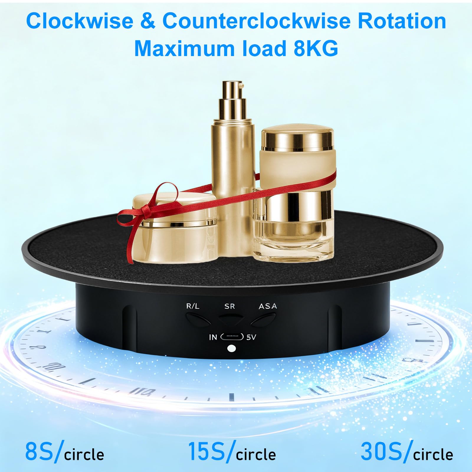 Piatto girevole elettrico per fotografia, 90/180 gradi, supporto girevole motorizzato con 5 sfondi, piatto girevole da 20 cm, supporto da tavolo 8 kg per video dal vivo, digitale, orologi (nero)