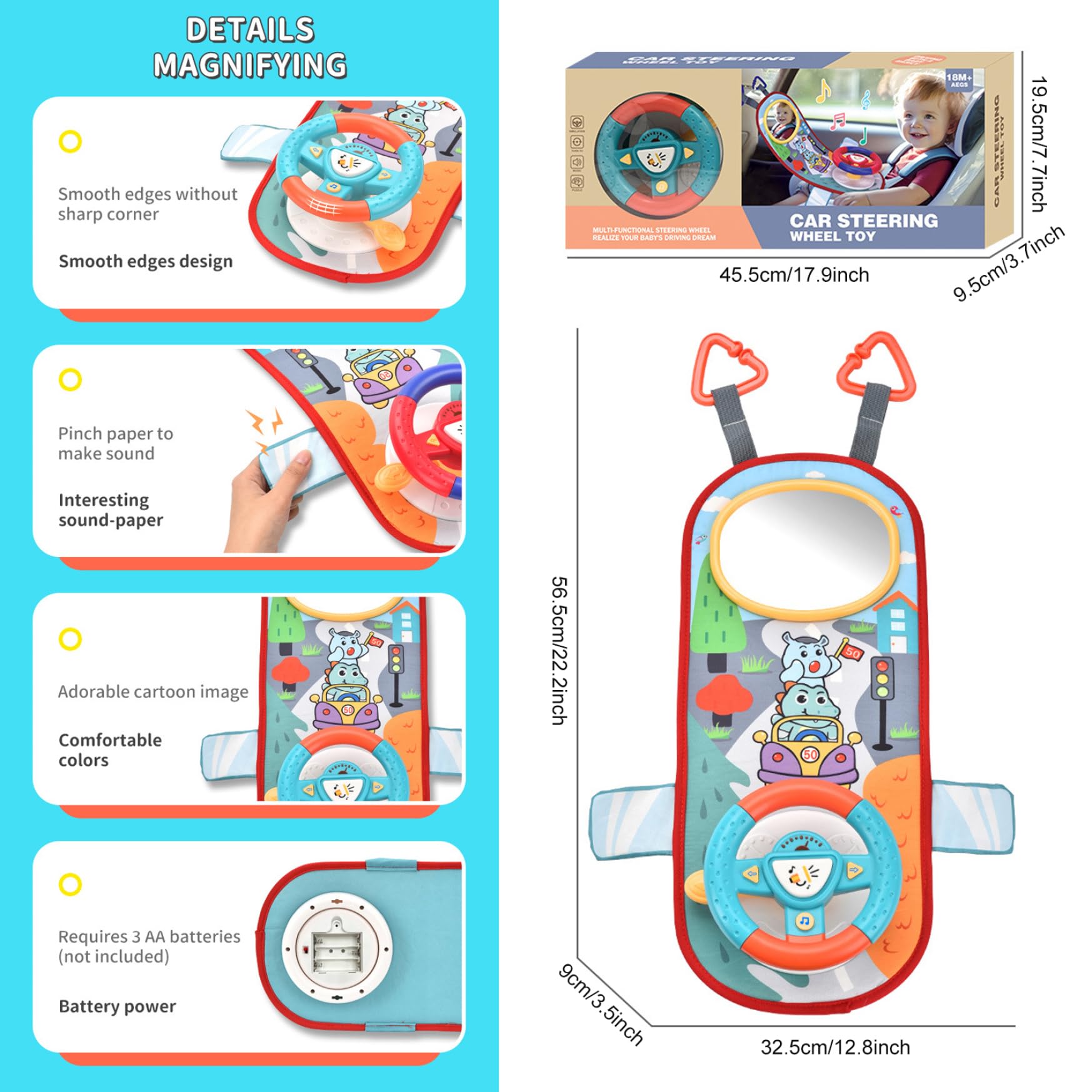 Giocattolo per seggiolino auto rivolto all'indietro, Volante per bambini con rotazione a 360° con specchio, musica, luci e suoni di guida, Volante per bambini da 12 mesi in su per sedile posteriore d