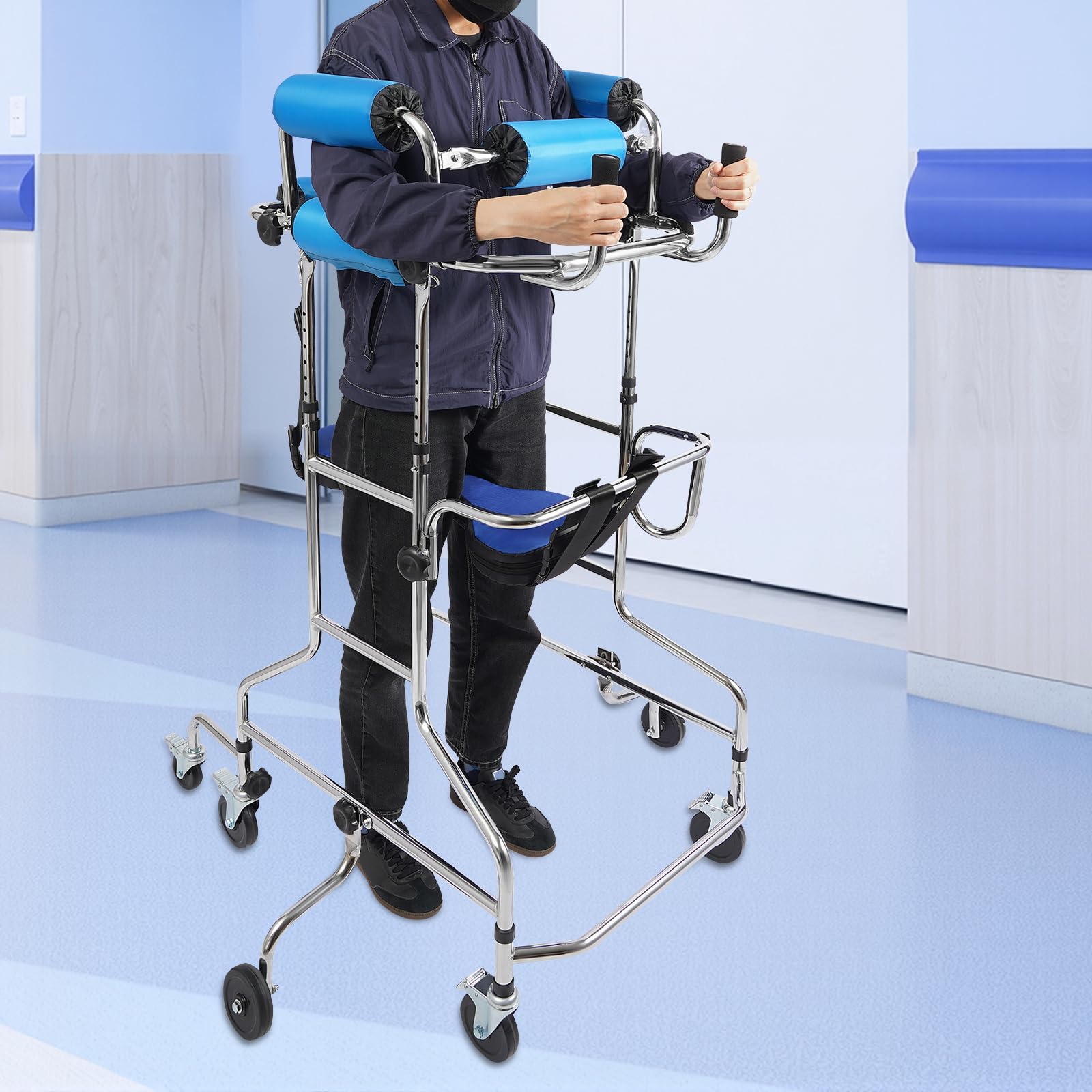 Andador para adultos con 8 ruedas y frenos, andador de pie regulable en altura y ancho ajustable, con soporte de infusión, hasta 100 kg, para casa y hospital