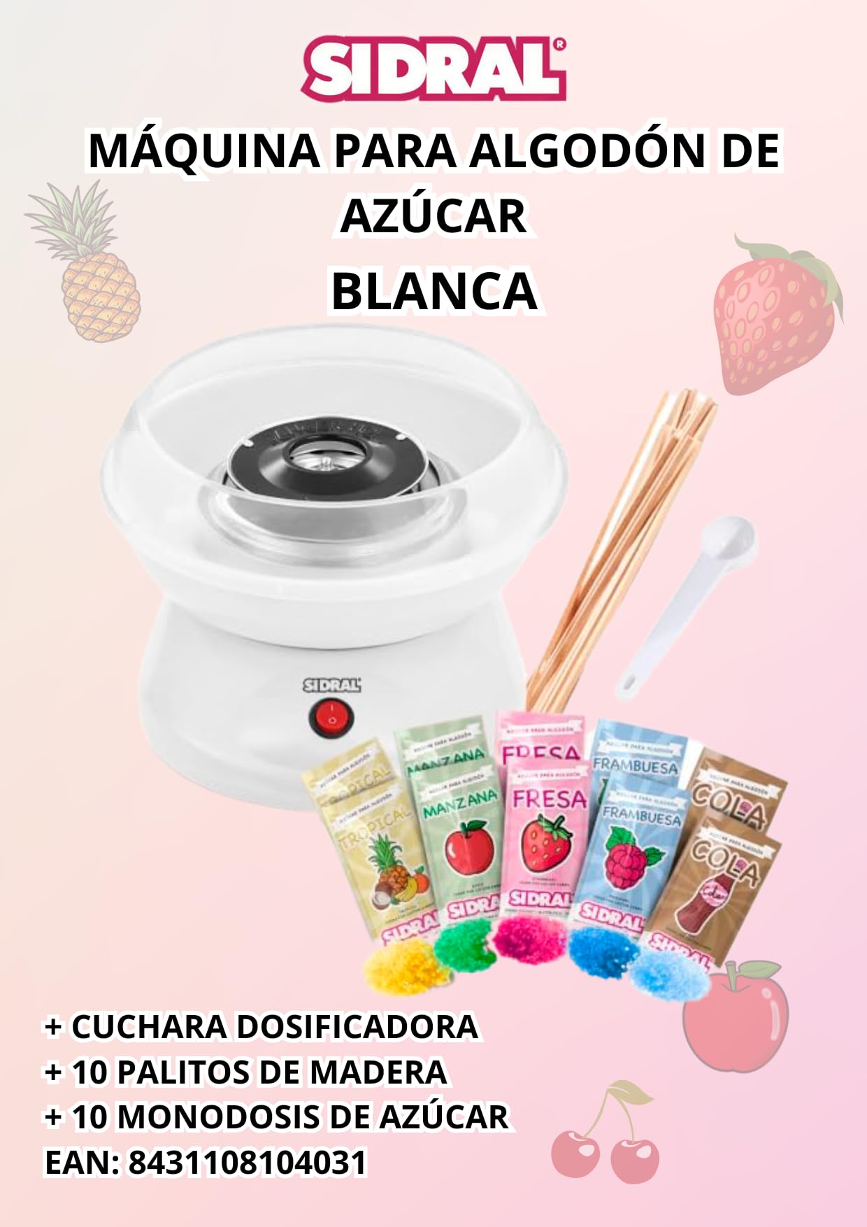 SIDRAL – Máquina para Algodón de Azúcar + 10 Palos + 10 Monodosis Azúcar y Cuchara Medidora Fácil Uso para Adultos, Maquina Algodón de Azucar (Blanca)