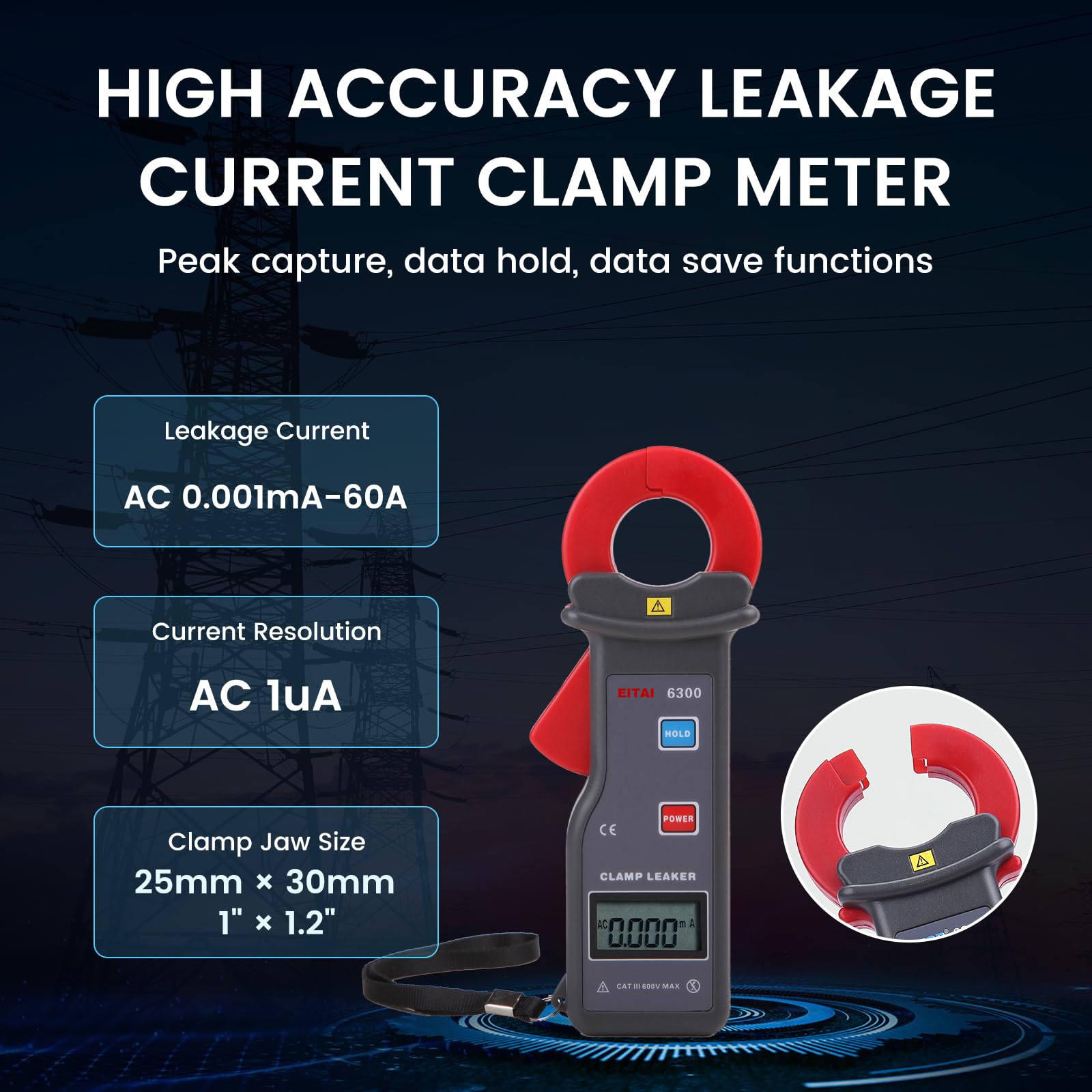 EITAI6300 Digital Leakage Low Current Clamp Meter, 1uA Resolution, 0.001mA-60A, 30mm x 25mm, Manufacturer Direct Sales - Image 2
